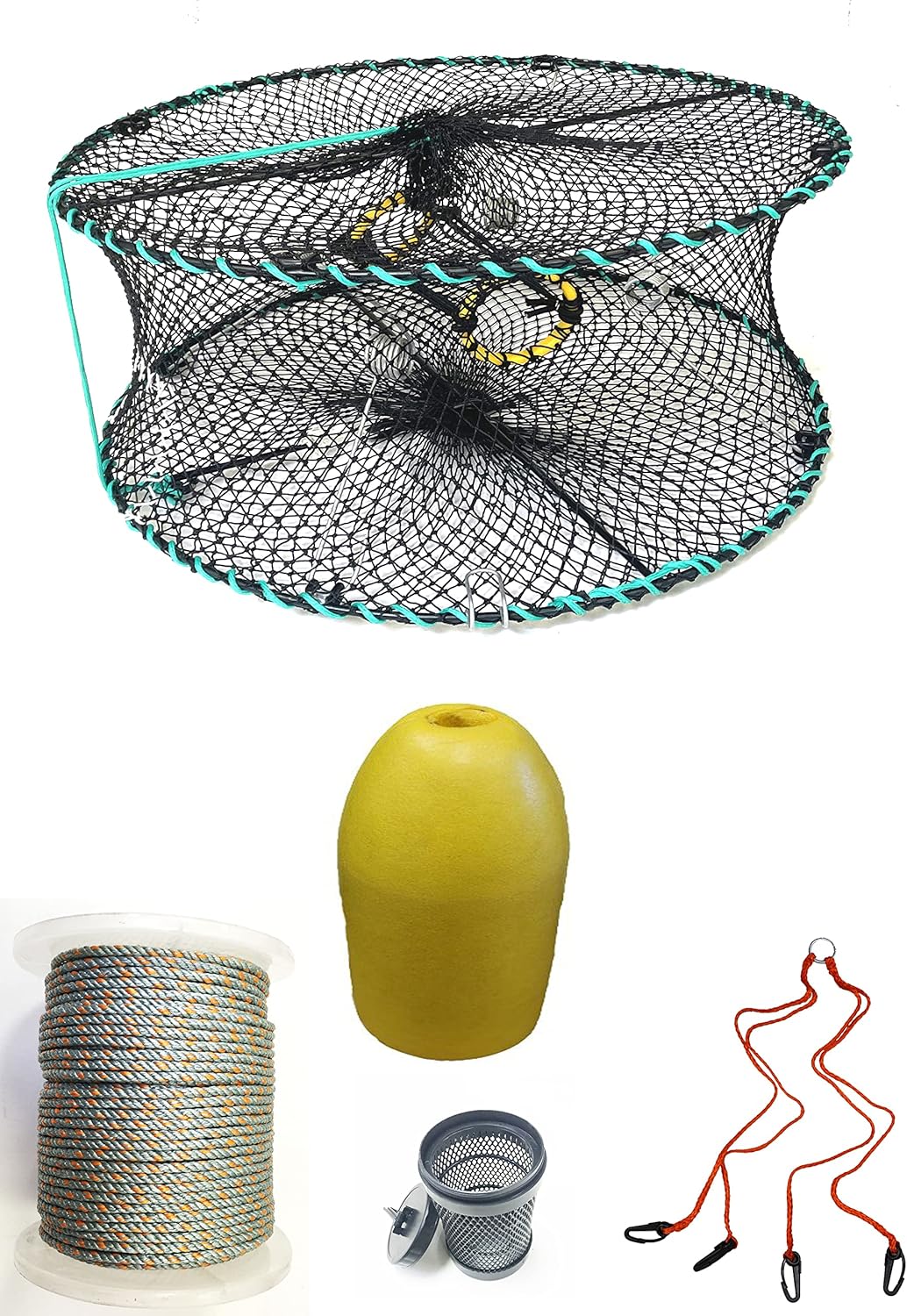 KUFA Sports Foldable Prawn Trap (Stretched Mesh Size:1-1/8") with 400' Rope, Yellow Float, Bait Bag & Harness Combo