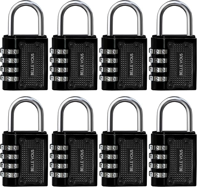 Belle Vous Black 4 Digit Combination Shackle Padlock (8 Pack) - 4.8 x 4 x 1.3cm/ 1.88 x 1.57 x 0.51 inches - Heavy Duty Waterproof Indoor/Outdoor Security Lock for Gym & School Locker, Fence & Gates