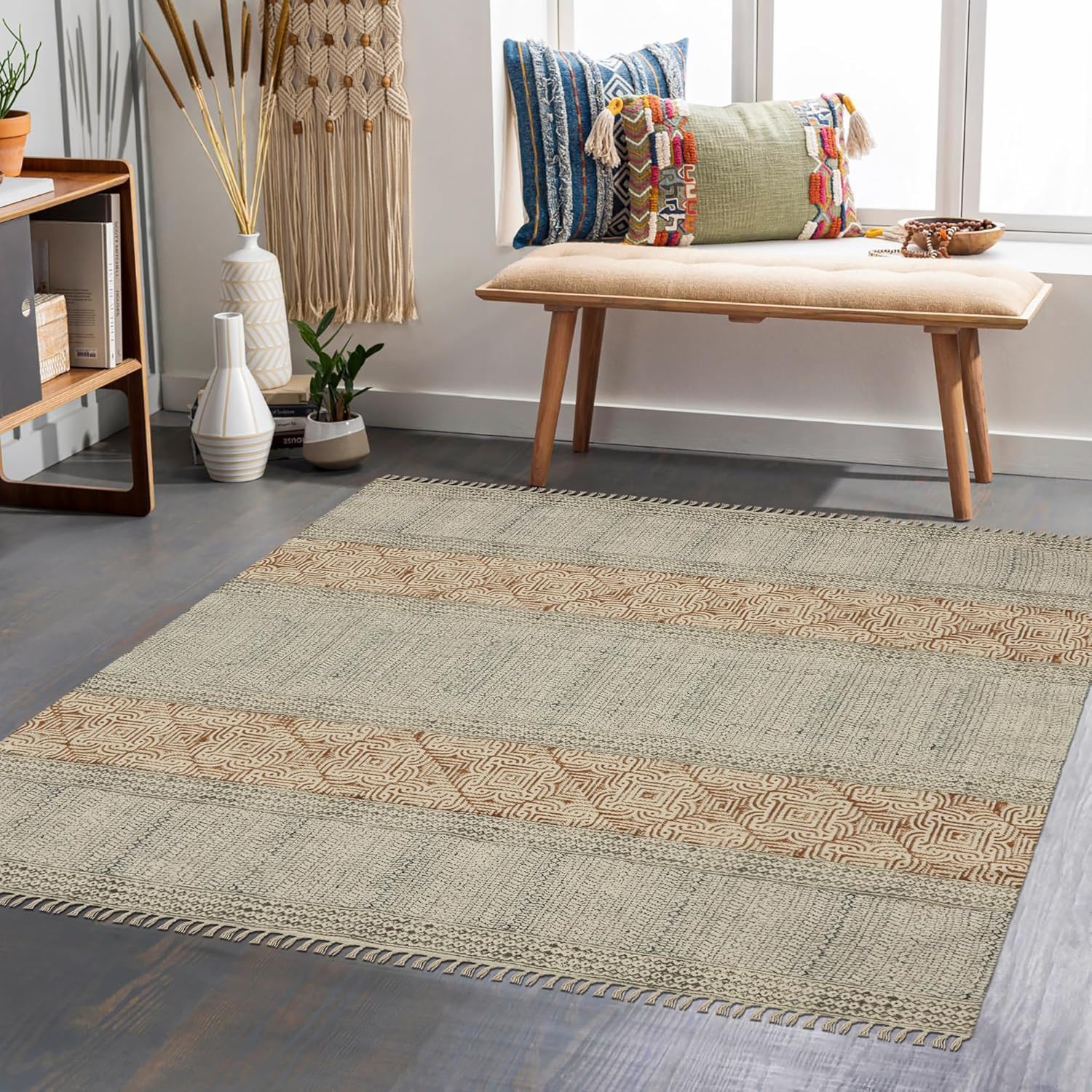 Hand Block Printed Blue Brown 4x4 Feet Square Striped Design Area Rug Kilim Rug Cotton Dhurrie Stone Easy Washable Thick 0.19 inches Flatweave Indoor Outdoor for Kids' Room Mat, Bedside