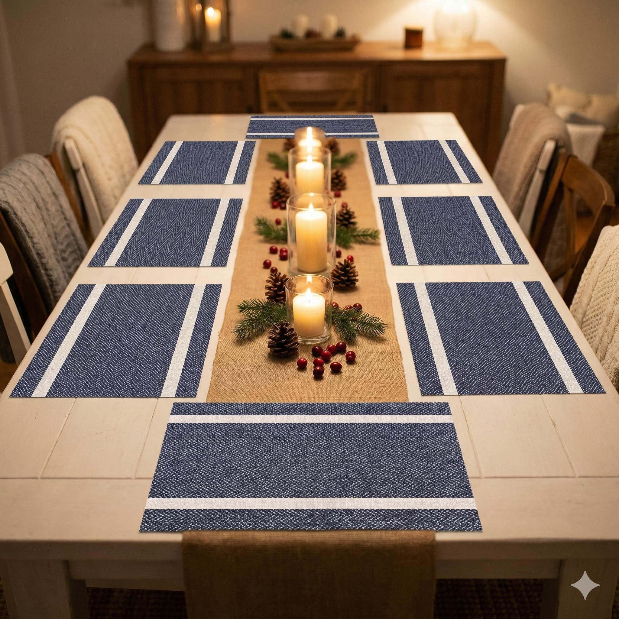 YELONA Placemats Set of 8, Heat-Resistant Woven Vinyl Table Mats, Non-Slip & Washable Dining Tablemats for Kitchen & Dinner Decor, Dark Blue & Gold (45cm x 30cm)