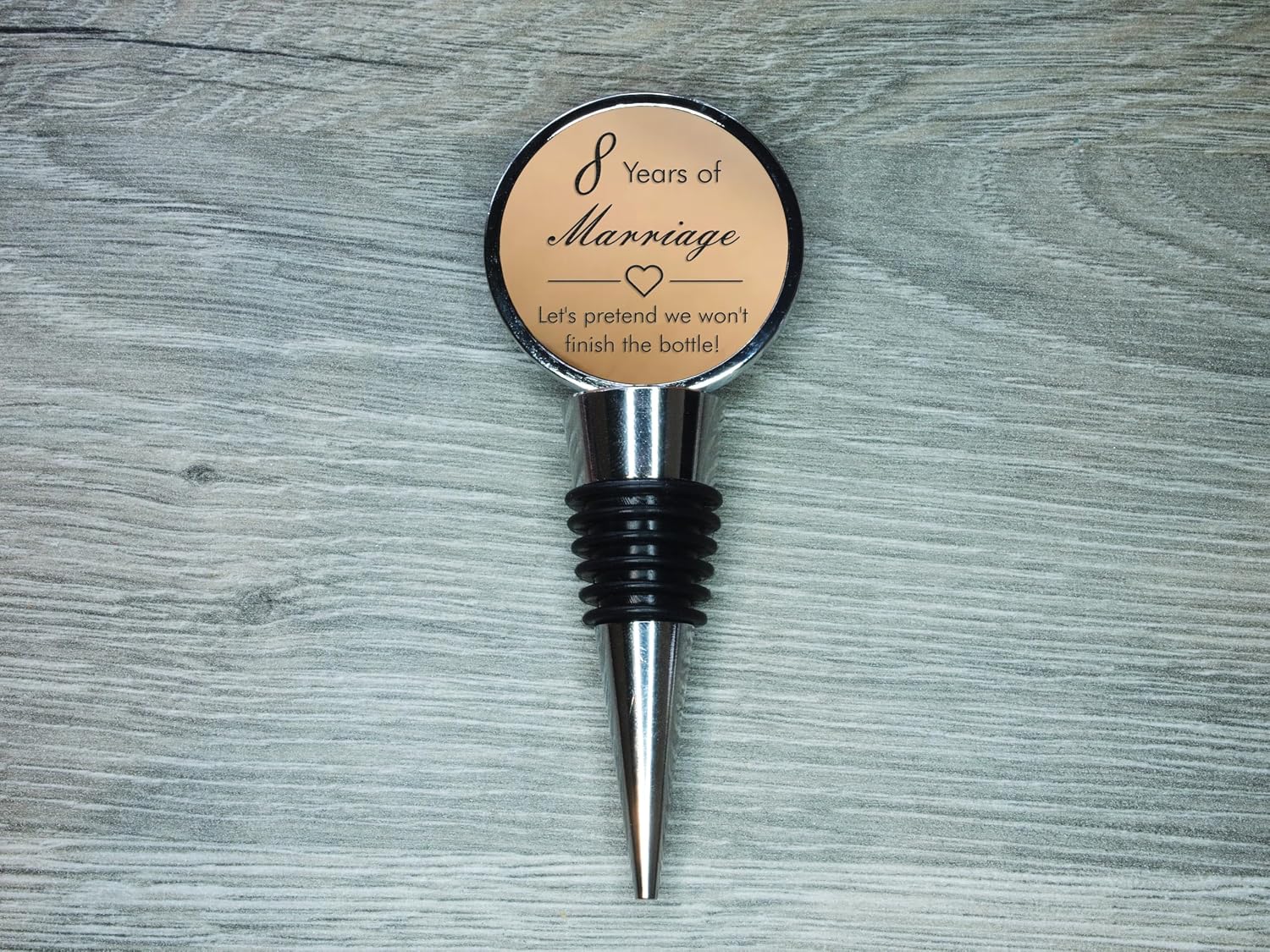 8th Anniversary Engraved Bronze Leather Bottle Stopper, 8 Years Married (Let's Pretend we Won't Finish The Bottle)