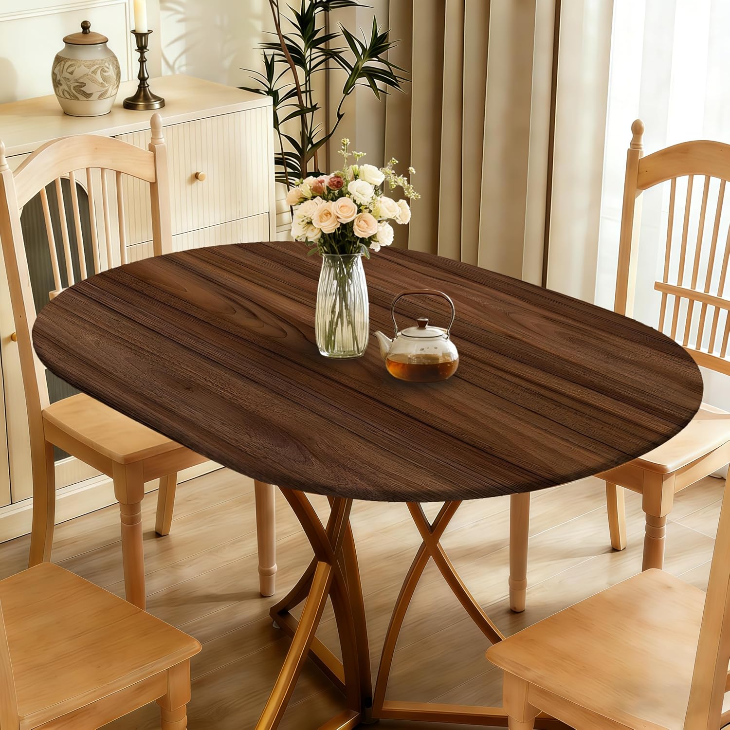 Wood Grain 48 x 68 Inch Oval Fitted Tablecloth with Elastic Edged, Waterproof Oil Proof Wipeable Oblong Table Cover for Indoor Outdoor Patio Table, Fits Oblong Oval Tables Up To 48" W x 68" L