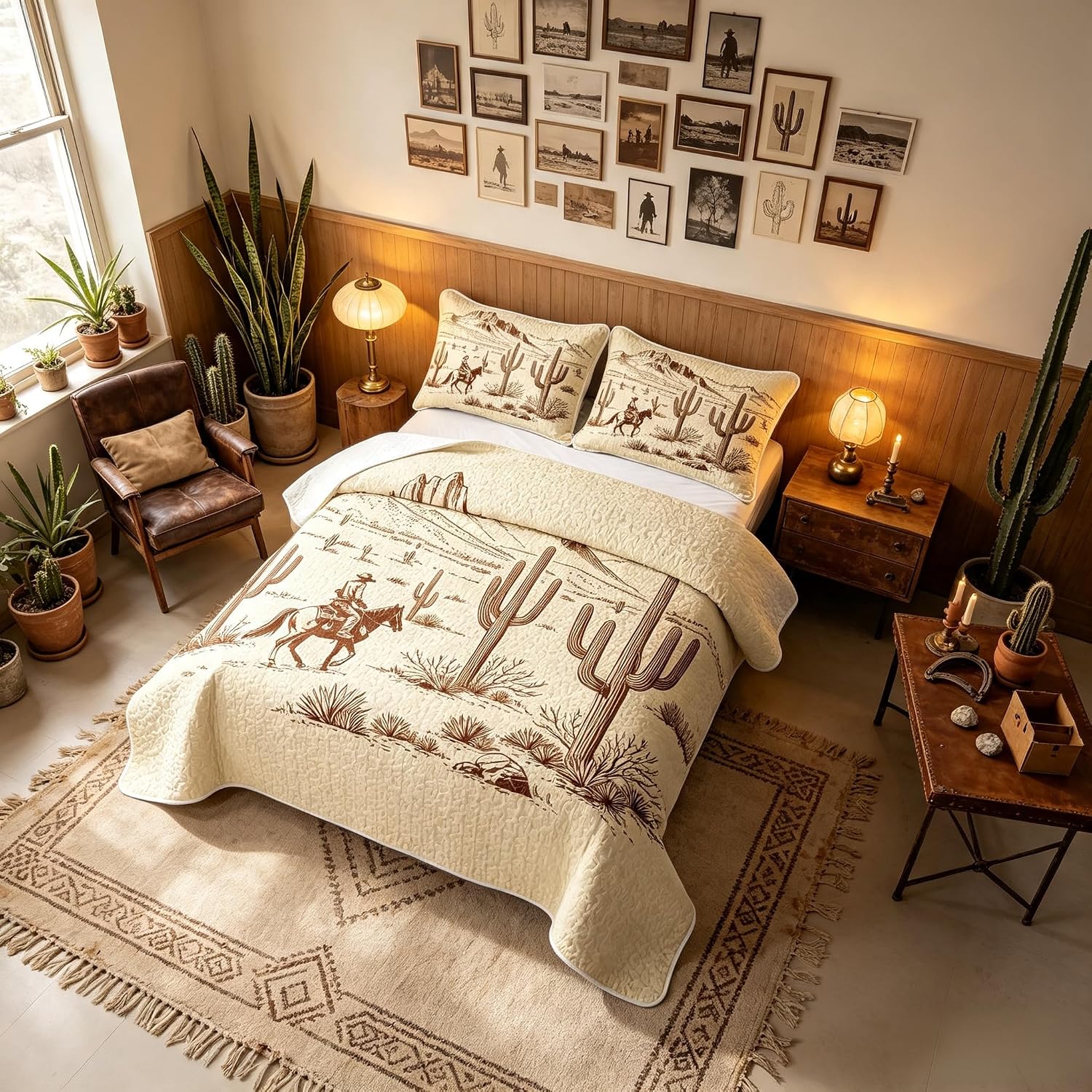 Manfei Western Cowboy Quilt Set,Vintage Country Quilted Coverlet Kids Boys Girls,Sketch Desert Lightweight Soft Bedspread Coverlet,White Brown Bedding with 1 Pillow Sham Twin Size