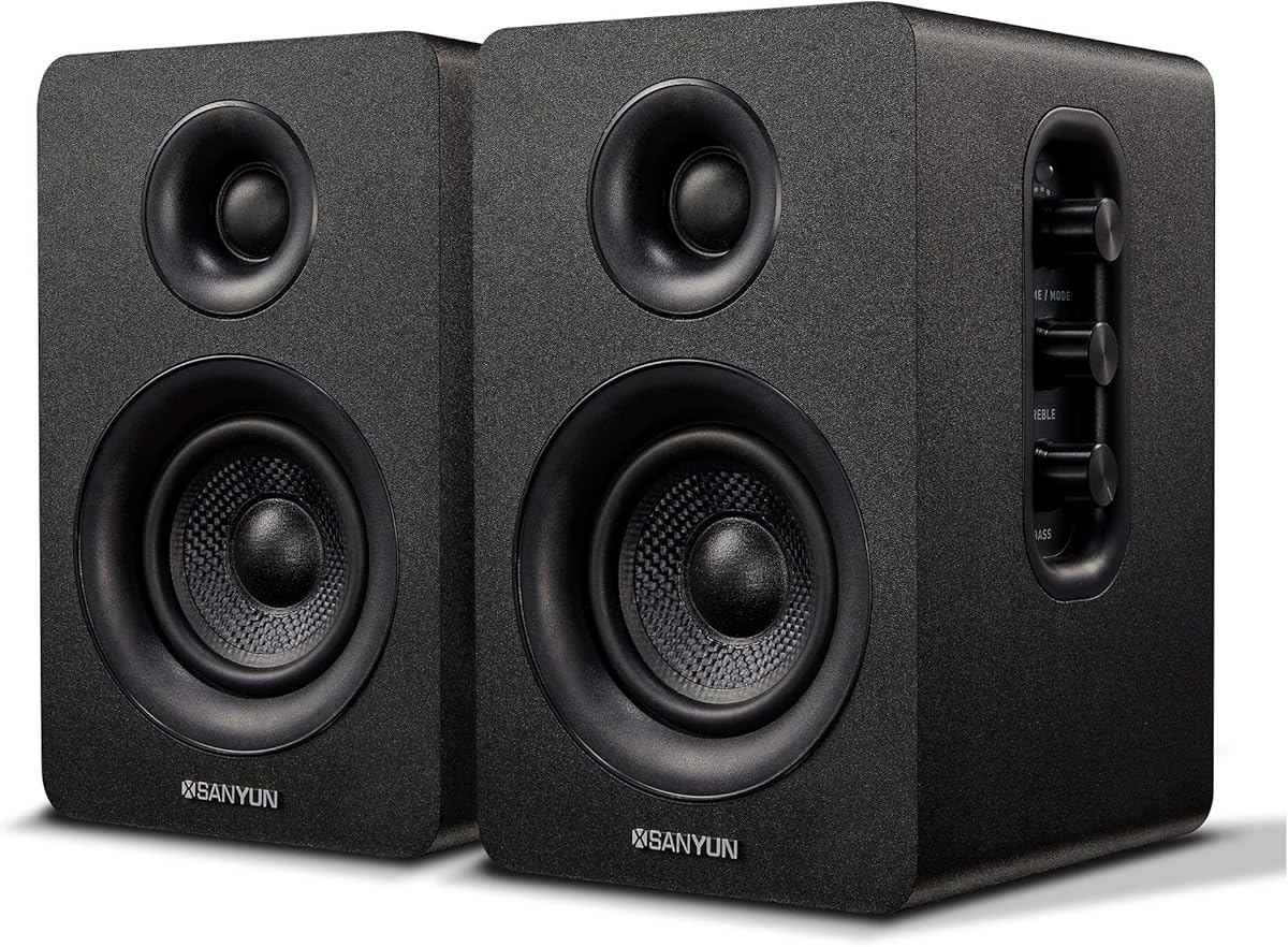 Sanyun SW208 Enceintes d'étagère Bluetooth 5.0 Actives 3" - Unité de Haut-parleurs en Fibre de Carbone 60 W - DAC 24 Bits intégré - Haut-parleurs de Jeu pour Moniteur d'ordinateur 2.0 (Paire, Noir)