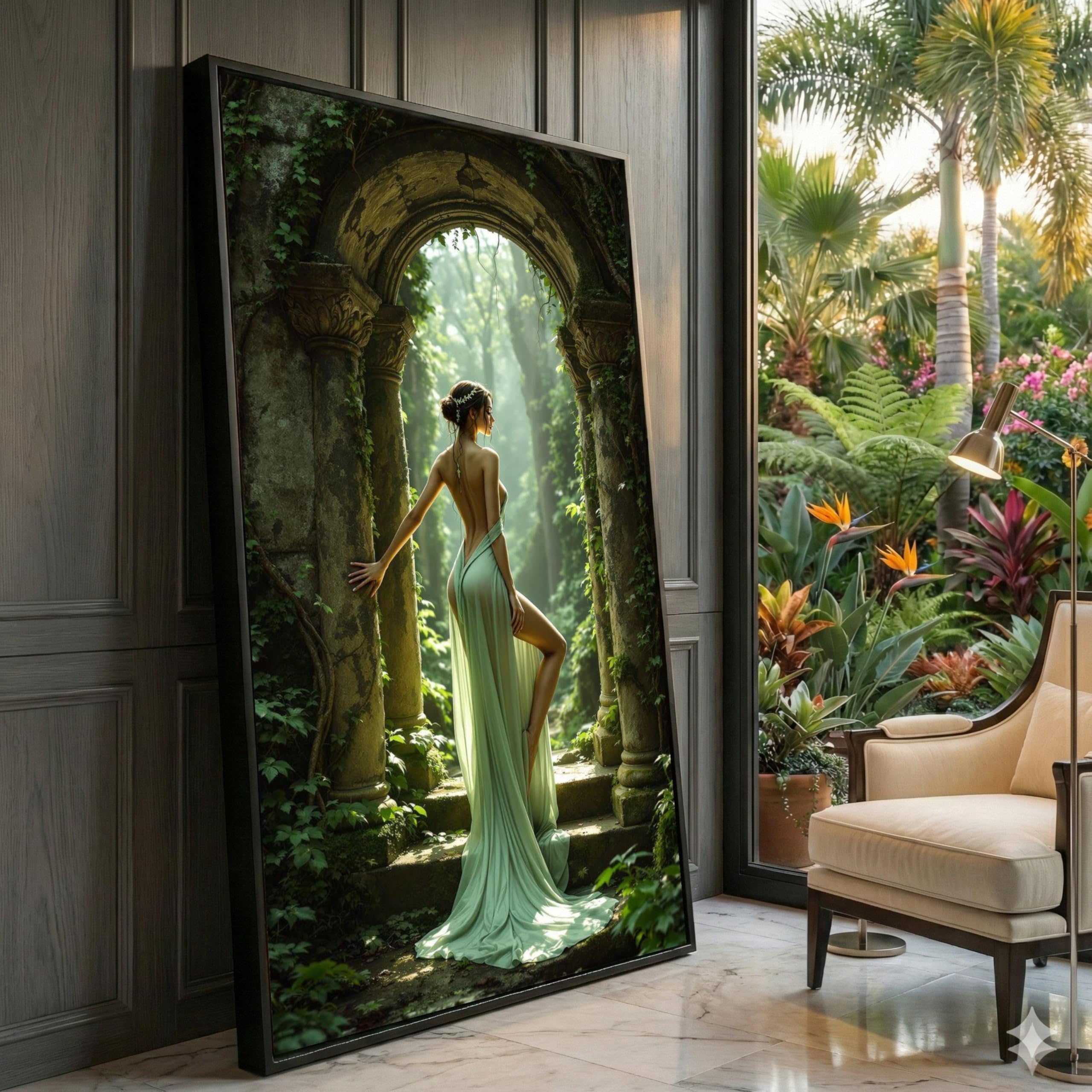 XINBAO Forest Beauty, Ethereal Woman Canvas Art, Ancient Archway Wall Art, Mystical Nature Scene, Elegant Draped Dress Pictures(40x70cm/Frameless)