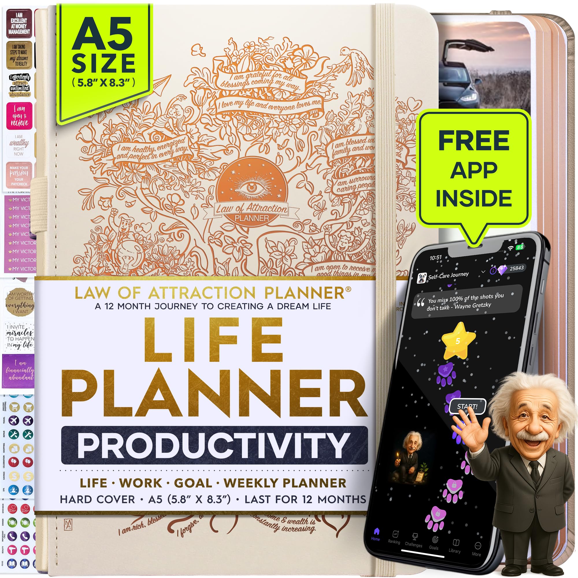Planer życia – niedatowany planer tygodniowy, miesięczny Deluxe, 12-miesięczna podróż w celu zwiększenia produktywności, organizer życia, dziennik wdzięczności, planer agendy, lista rzeczy do