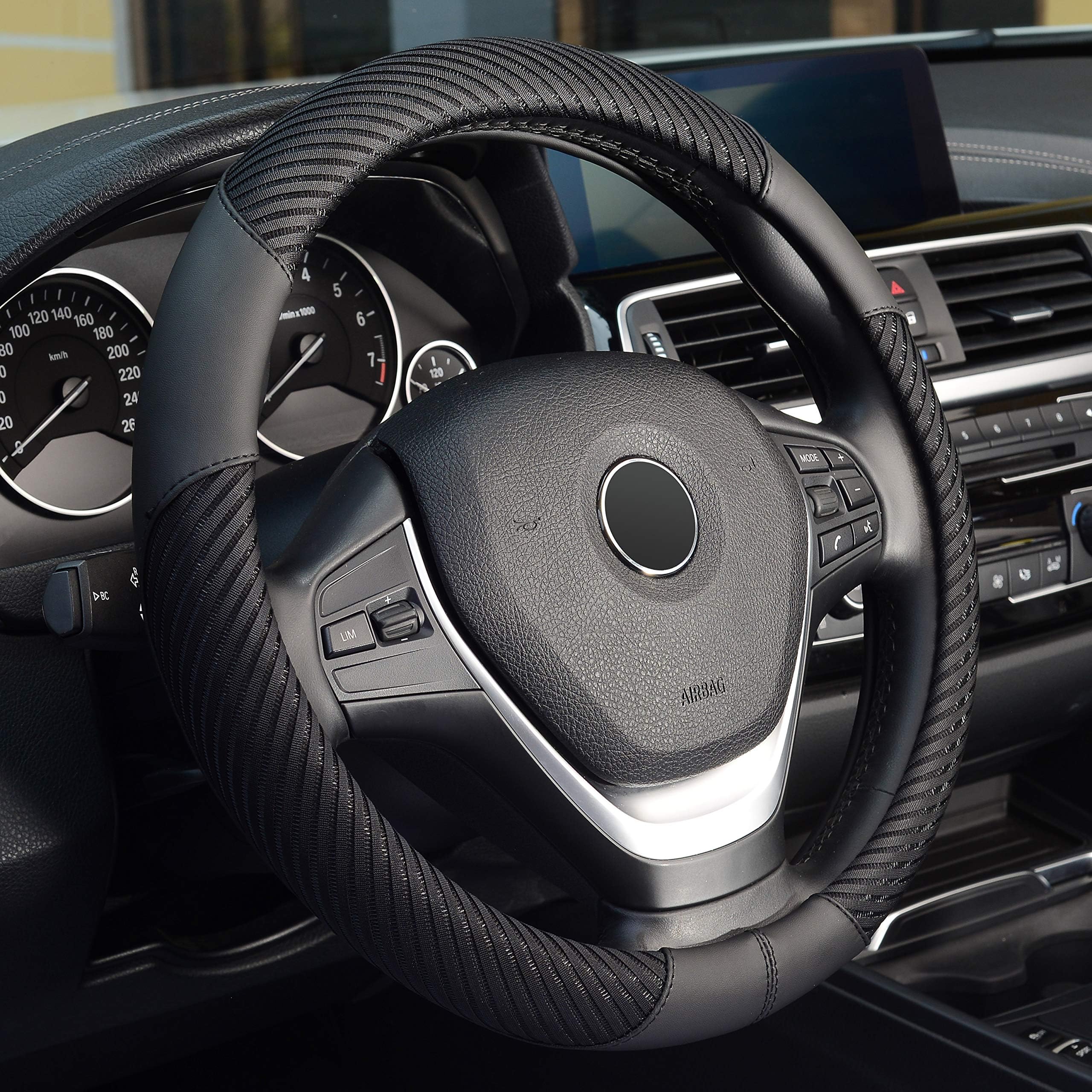 LABBYWAY Steering Wheel Cover Universal 15 inch, Microfiber Leather and Viscose, Breathable, Anti-Slip,Warm in Winter and Cool in Summer (Black)