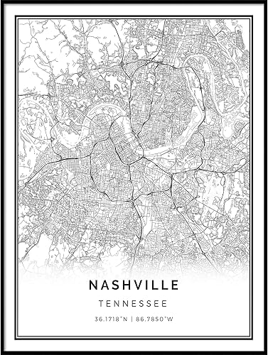 Squareious Póster de mapa de Nashville, arte moderno de pared en blanco y negro, decoración escandinava para el hogar, impresiones de la ciudad de