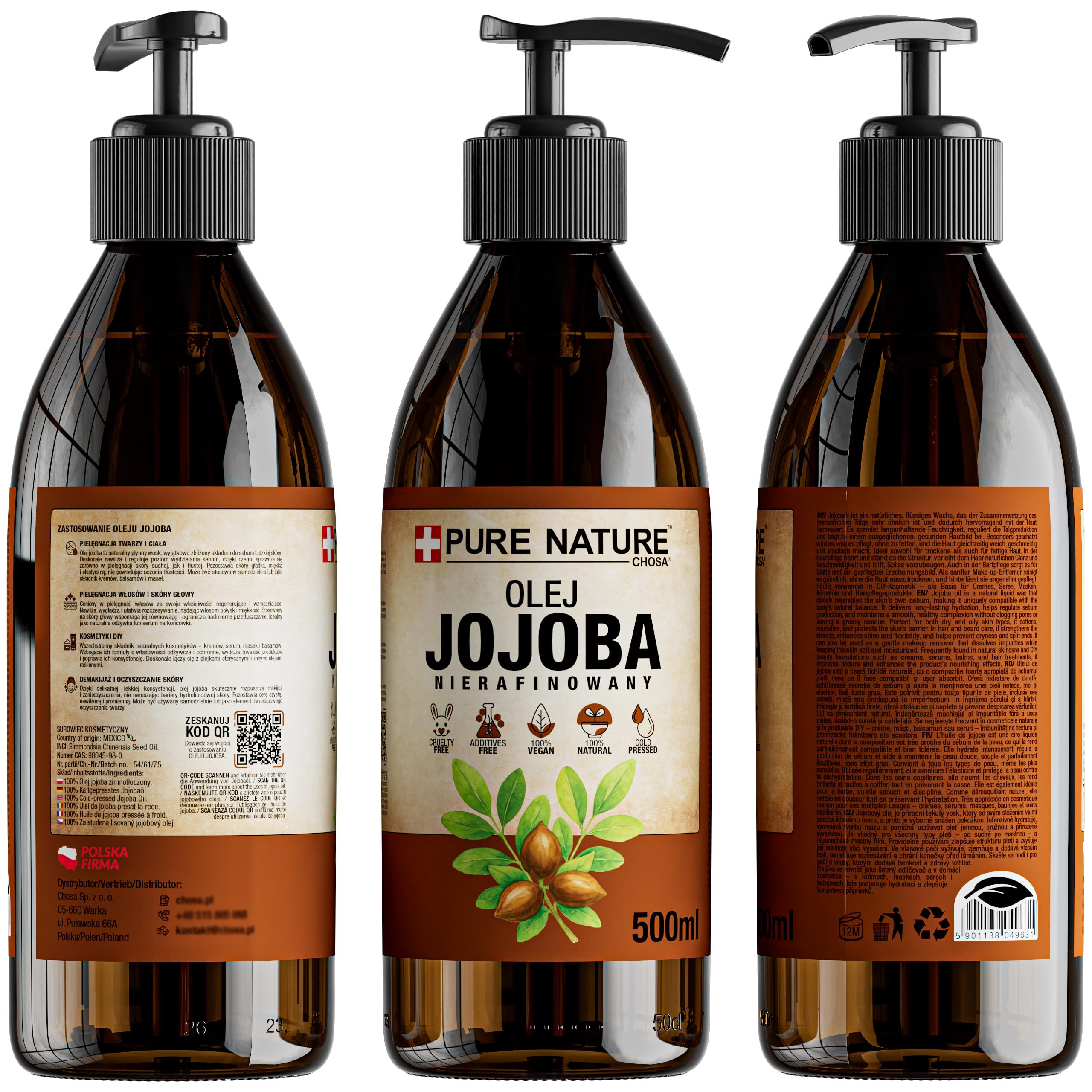PURE CHEMICAL - Organiczny olej jojoba 500ml - tłoczony na zimno - czysty - do twarzy, skóry, włosów, brody i paznokci - wegański olej jojoba - do twarzy i ciała - przeciwzmarszczkowy Dozownik 500Ml