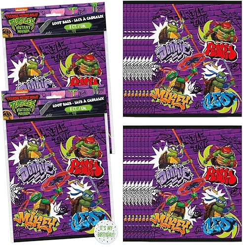 Unique Suministros para fiesta de cumpleaños de tortuga ninja, bolsas de recuerdo de fiesta (paquete de 16) y calcomanía (1)
