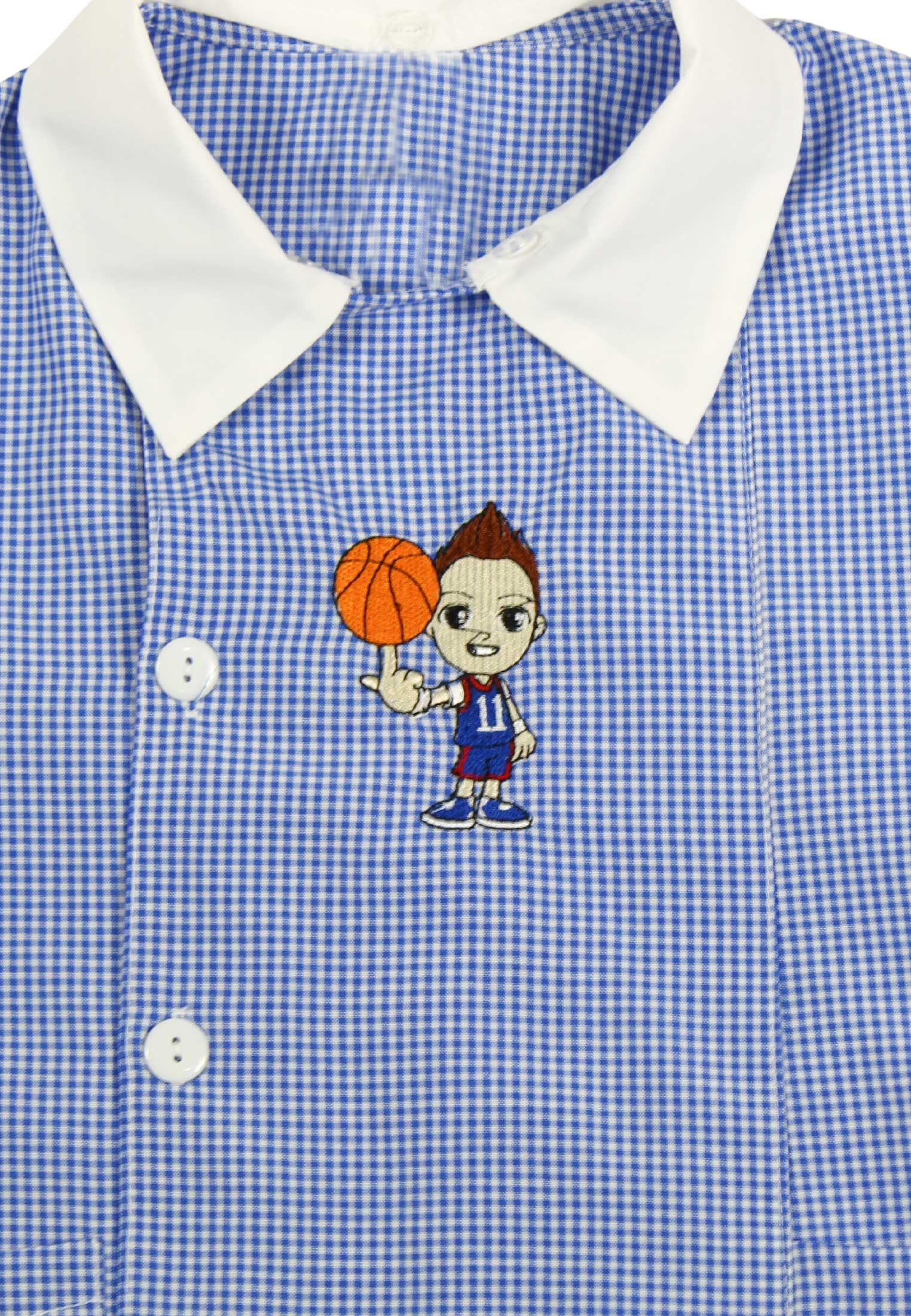 Delantal infantil azul a cuadros con cuello blanco y estampado bordado en el pecho, Batas Infantiles, Mandilones Infantiles, Baloncesto, 3 años