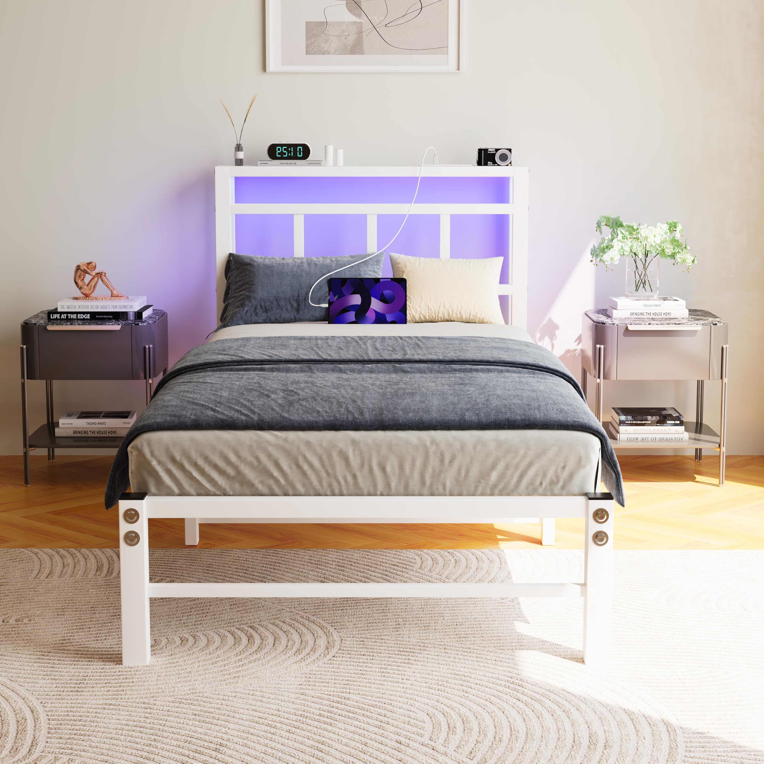 VECOCHO Single Bed Frame with Headboard&LED Lights,Bed Frame Single,White