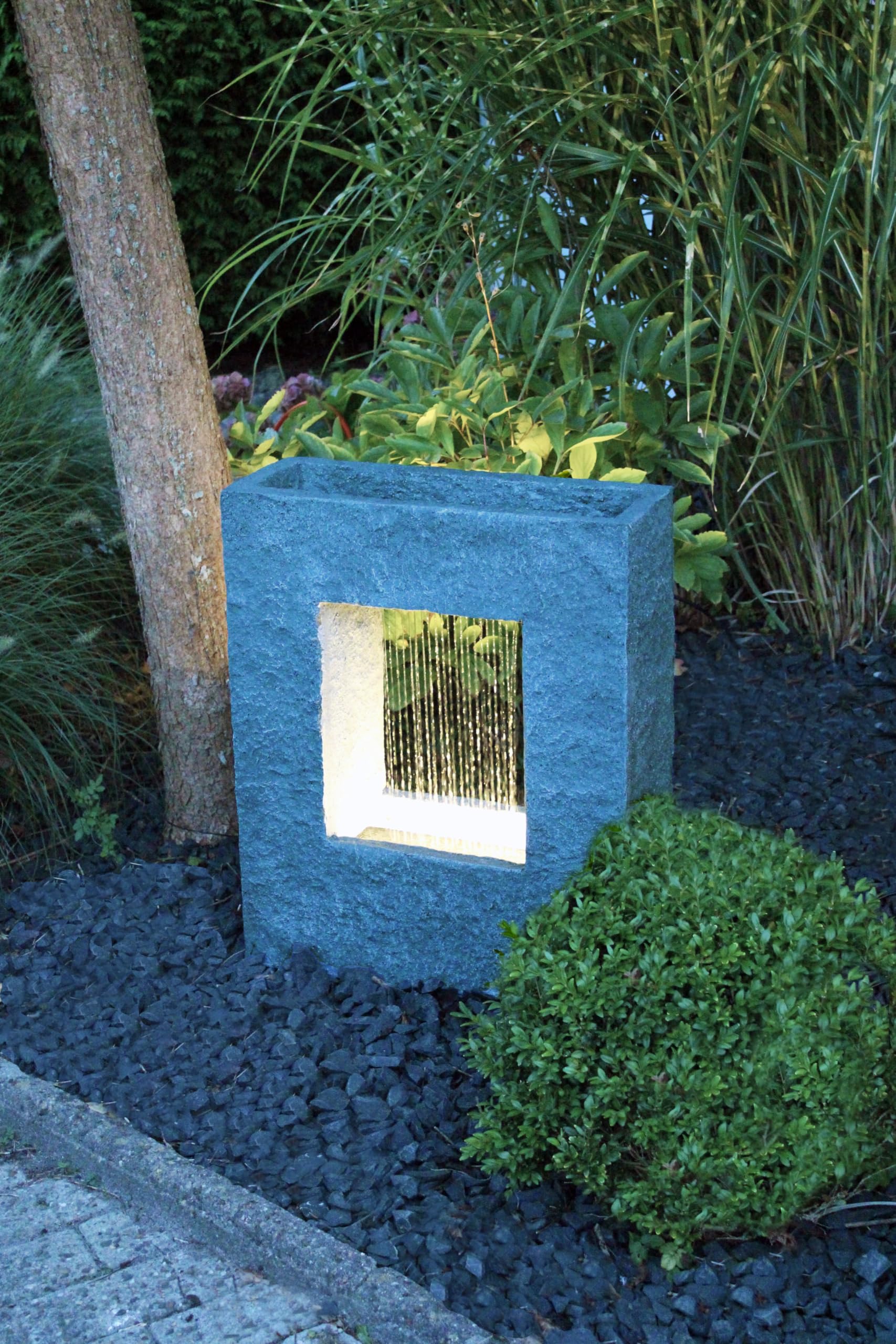 Fuente de jardín con iluminación LED 65x53 cm, fuente de habitación, fuente de piedra, cascada de agua, rectangular, blanco cálido, fuente de jardín, decoración de jardín