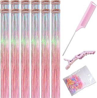 ONROCL Hair Tinsel Clip in Extensions 12Pcs 24 Inch Dreamy Colorful Glitter Hair Tinsel Kit for Fairy Grunge Hair Accessories Women Girls Festival Party Christmas New Year