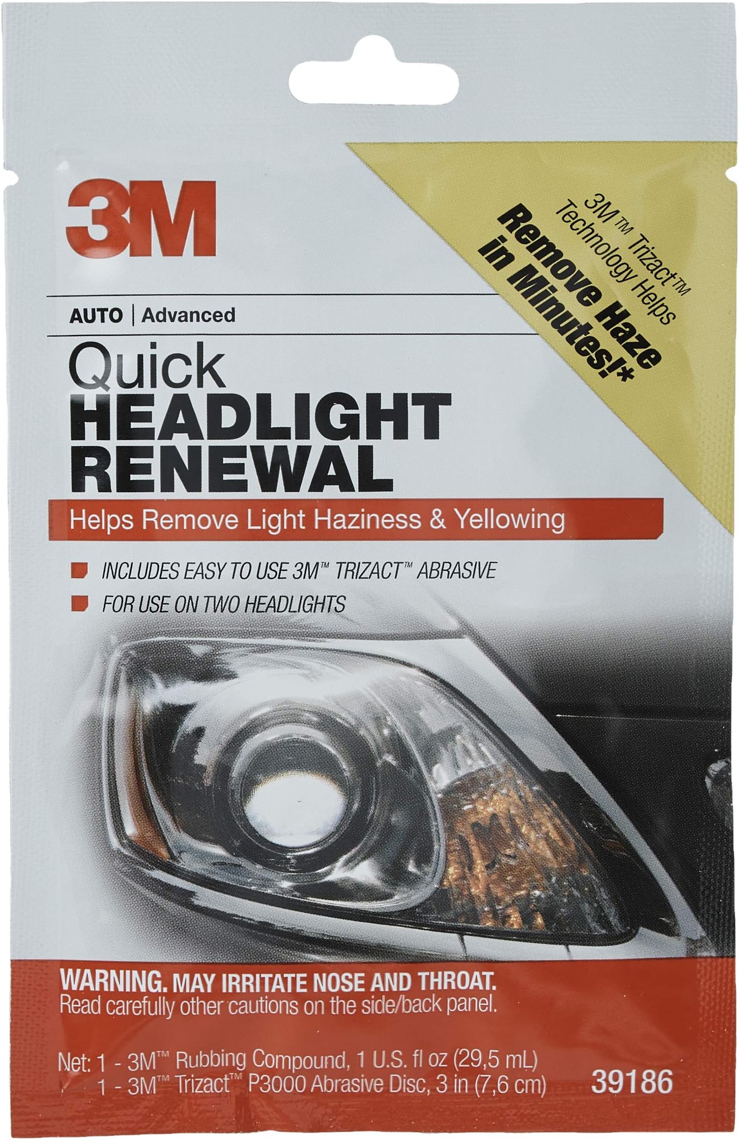 3M Quick Headlight Renewal, Helps Remove Light Haziness & Yellowing in Minutes, Hand Application, 39186, 1 Sachet