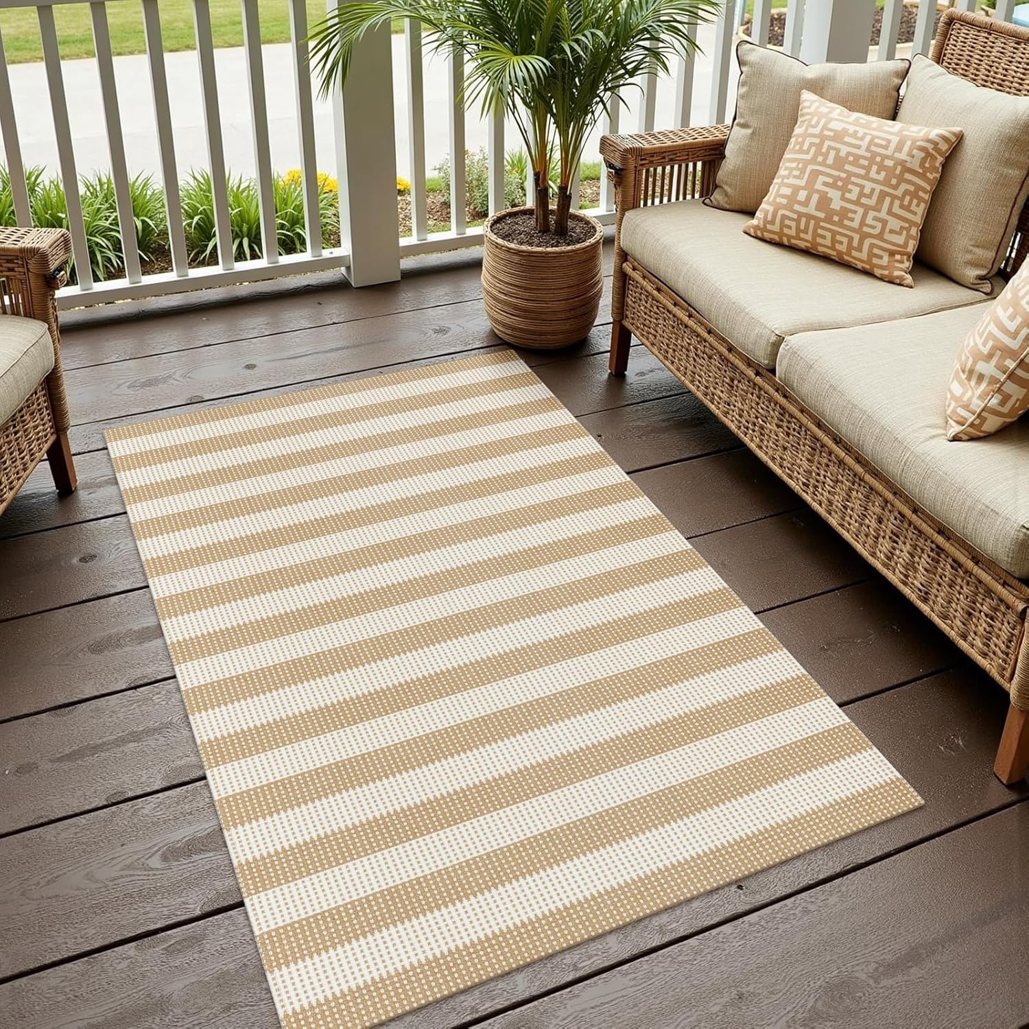 Washable Woven Entryway Rug 3x5, Khaki Striped Cotton Indoor Outdoor Doormat Low Plie Non-Slip Kitchen Mat, Modern Natural Floor Carpet for Porch Living Room Bedroom Patio
