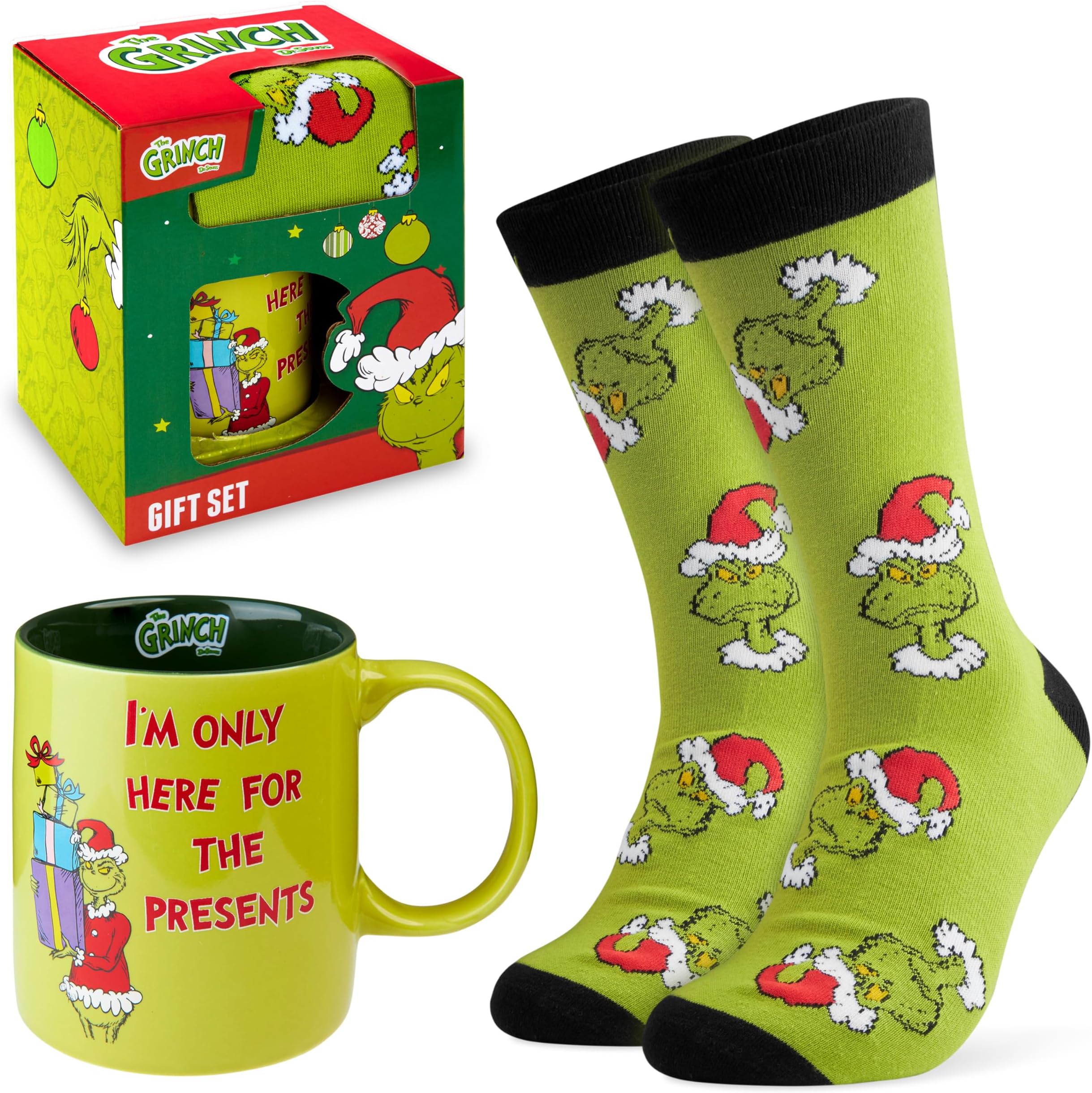 The Grinch Mug and Calf Socks Gift Set for Men Teenagers, Funny 325ml Ceramic Mug Soft Socks, Festive Xmas Secret Santa Gifts for Him