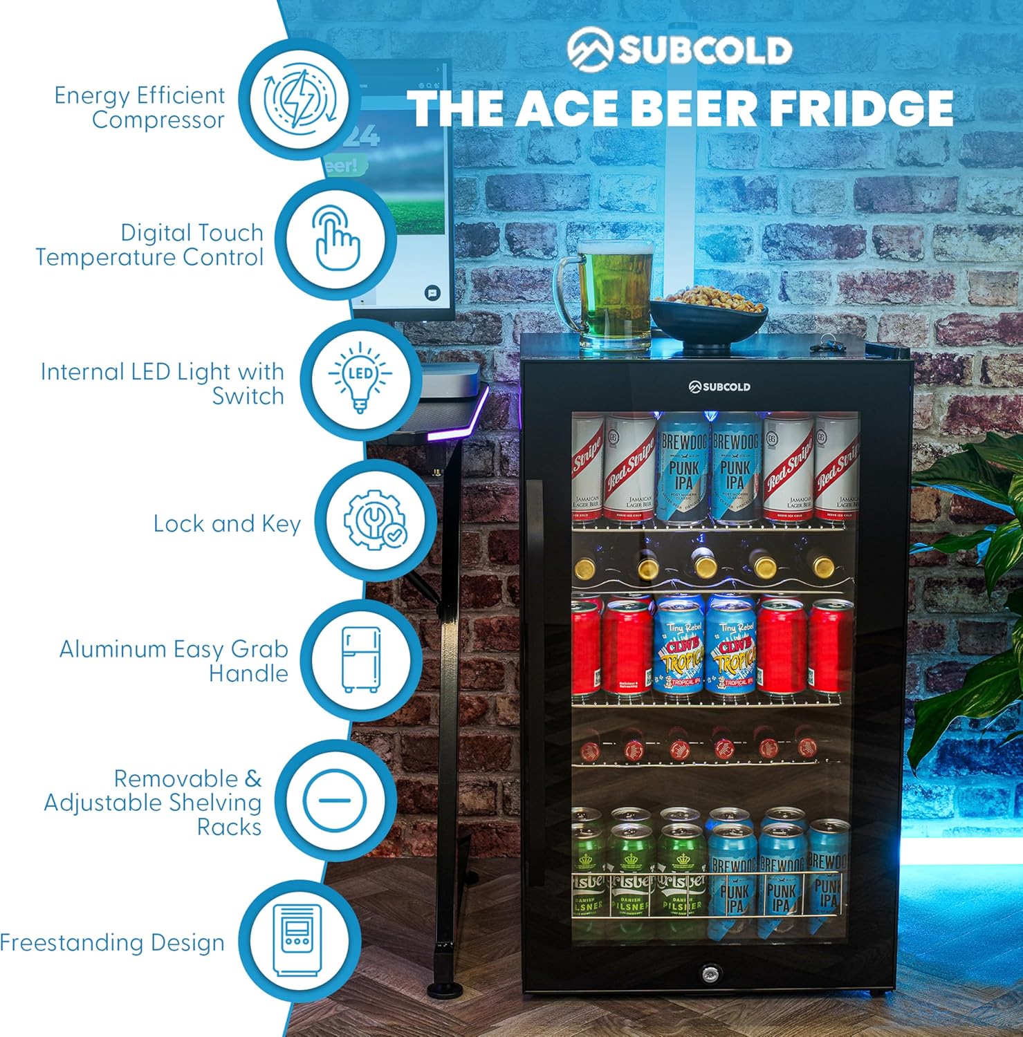 Subcold ACE100 fridge filled with various drinks, showcasing its capacity