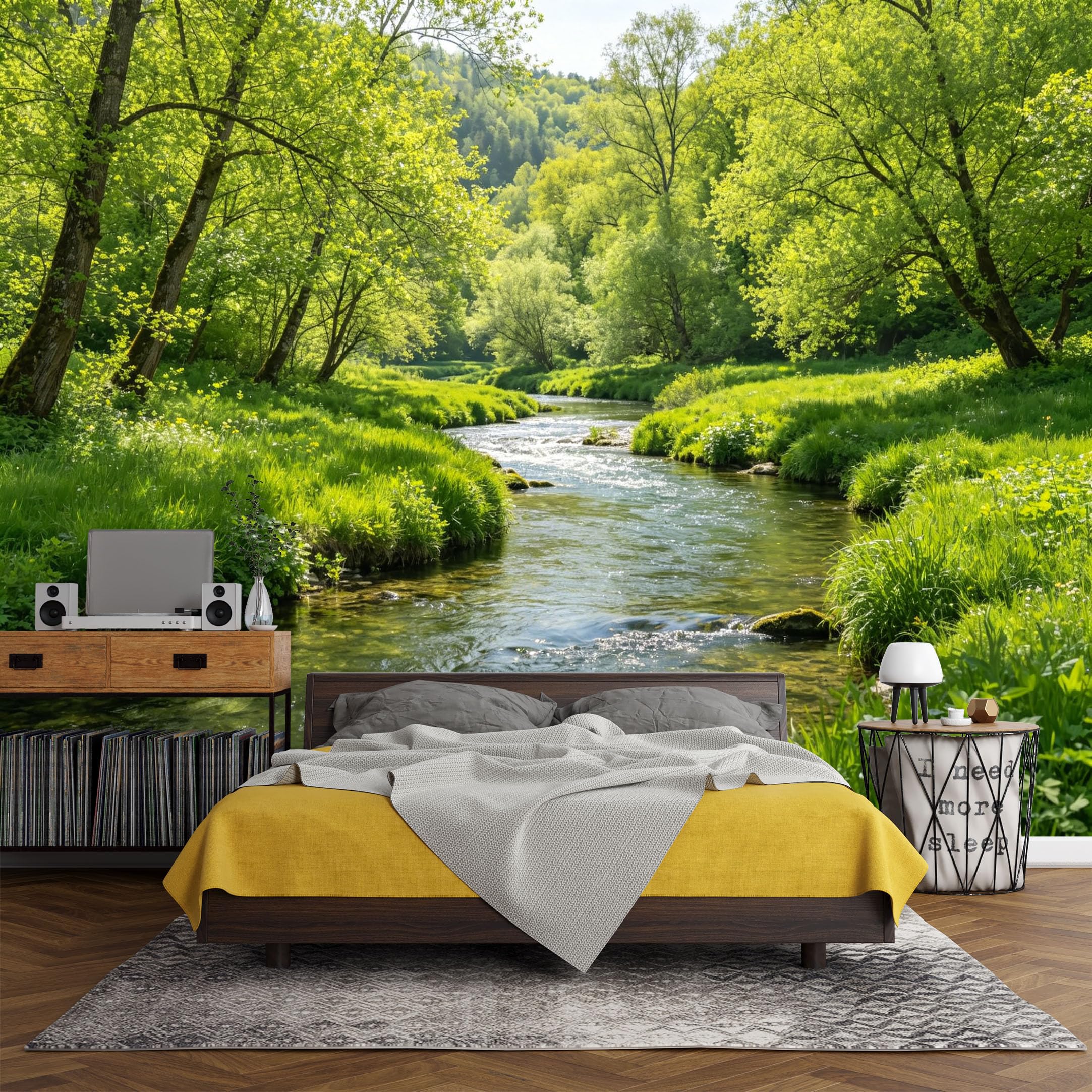 Custom Size Wall Mural， Forest River Landscape Green Trees Nature Stream Scenery，SelfAdhesive Art Prints wall Fabric (No PVC) Removable Wallpaper Living Room Decor