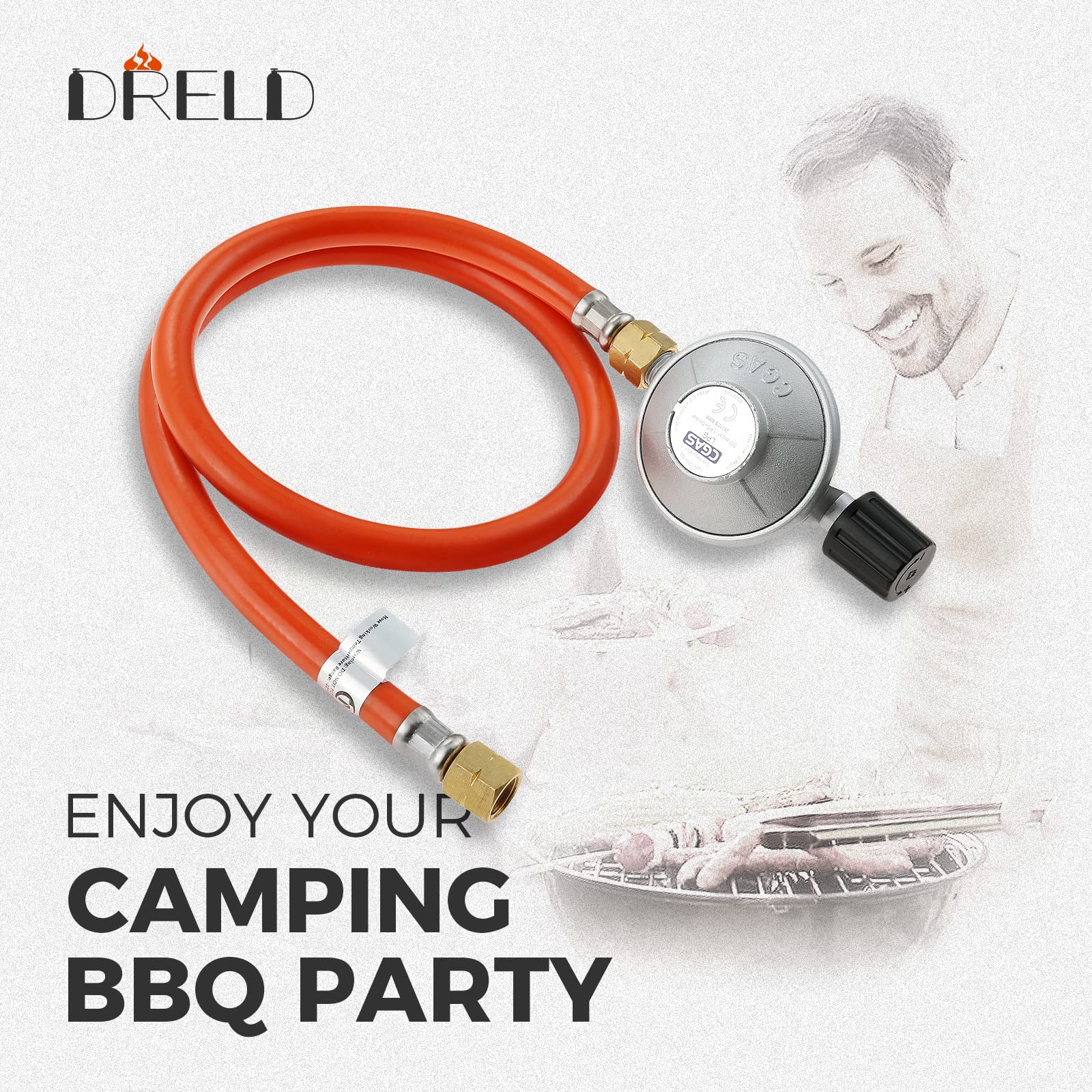 DRELD Regulador ajustable de 50 mbar con manguera de 80 cm de largo, rosca izquierda de 1/4 pulgadas y rosca universal hembra de 7/16 pulgadas para parrilla de gas de camping, botella de propano y