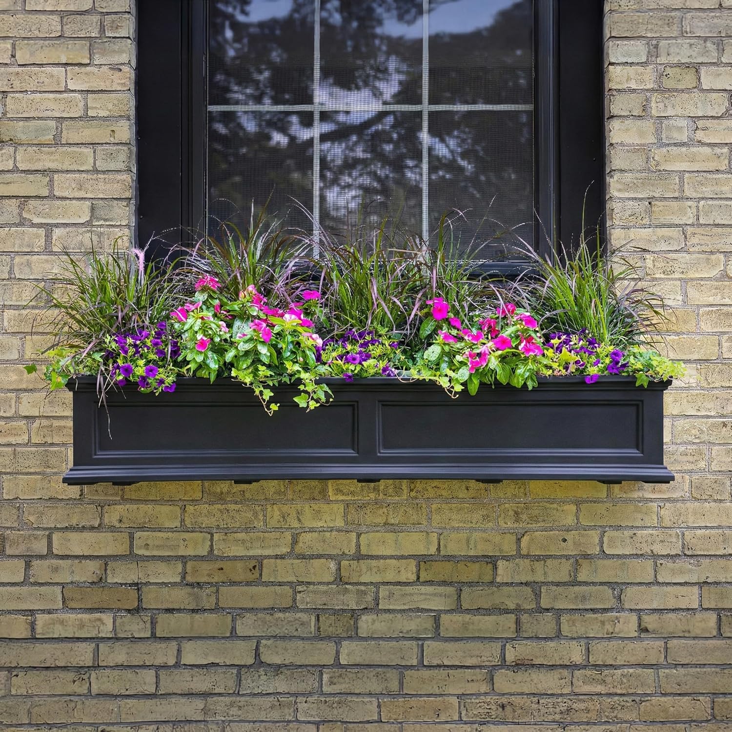 Mayne Fairview 5ft Durable Self Watering Window Box Planter with Wall Mount Brackets, UV & Weather Resistant, Double Wall Design, New England Architecture for Outdoor Décor, Black