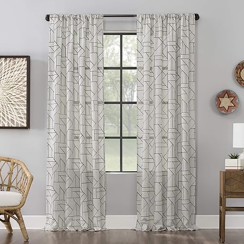 Archaeo Cortina de mezcla de lino natural moderna de mediados de siglo con bordado geométrico fragmentado, 50 x 108 pulgadas, negrolino