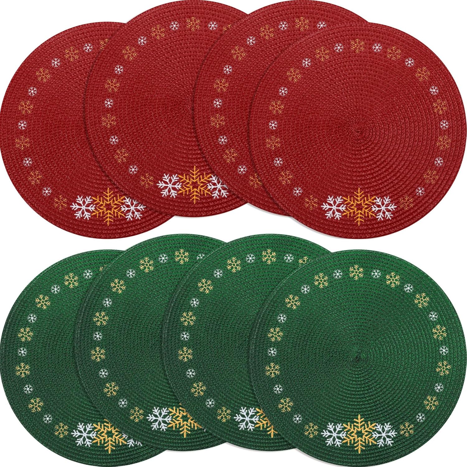 Remerry 8 Pcs Christmas Round Embroidered Placemats Set of 8 Snowflake Table Mats 13 Inch Round Braided Placemats Embroidered Place Mats for Christmasy Kitchen Dining Table Decoration