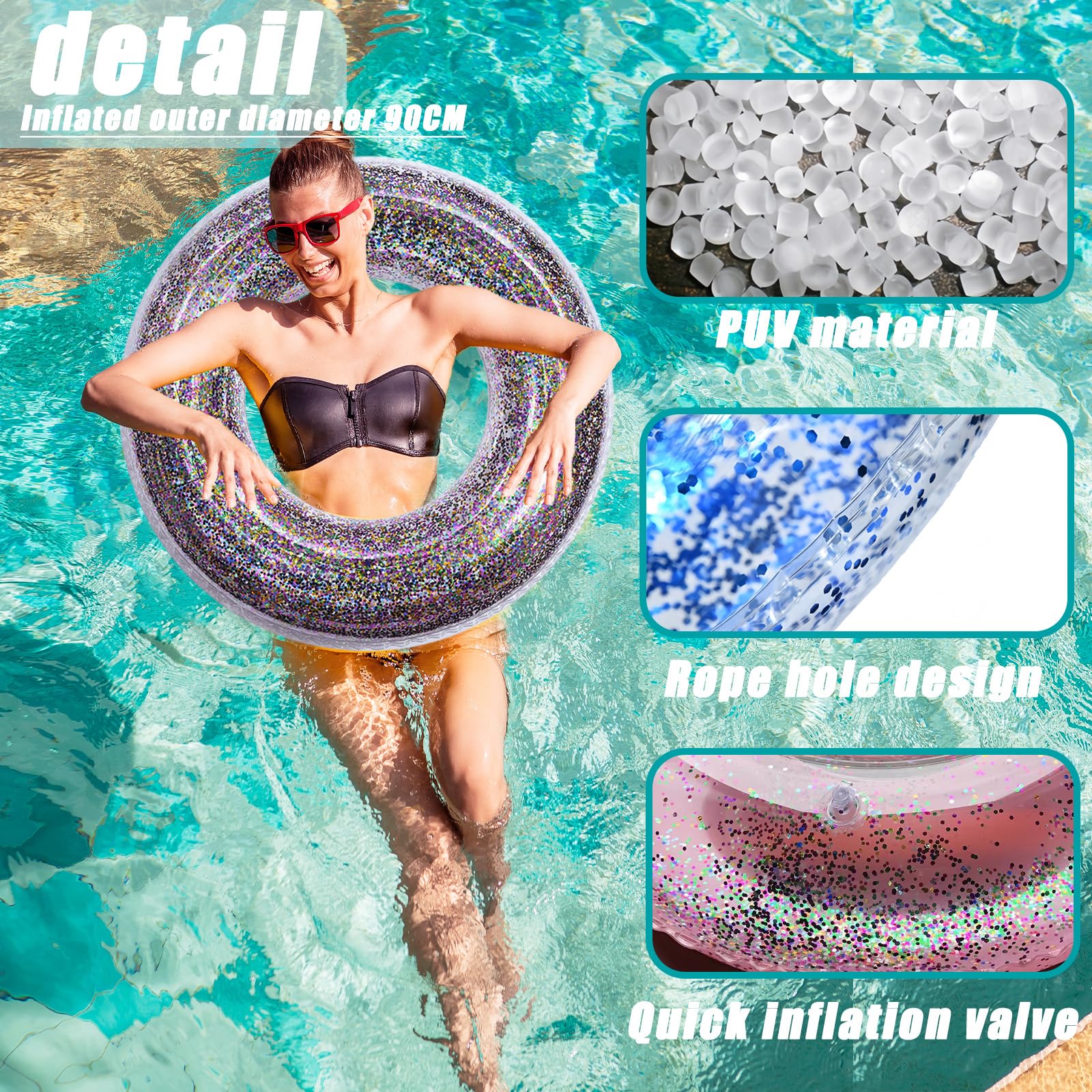 Pool Inflatables Swimming Ring Rubber Rings for Kids Adults,90cm Colorful Sequins Inflatable Pool Water Toys,Inflatable Pool Floats Swim Rings for Women Men Summer Party Beach Water Sport - Image 3
