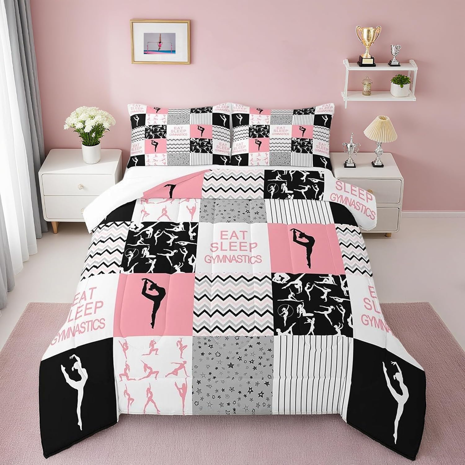 Gymnastics Girls Bedding Set Queen Size Pink Black Geometric Plaid Comforter Set 3Pcs for Kids Women Gymnast Youth Bedroom Sports Dancing Quilt Set Modern Stripes Duvet Insert,2 Pillowcases