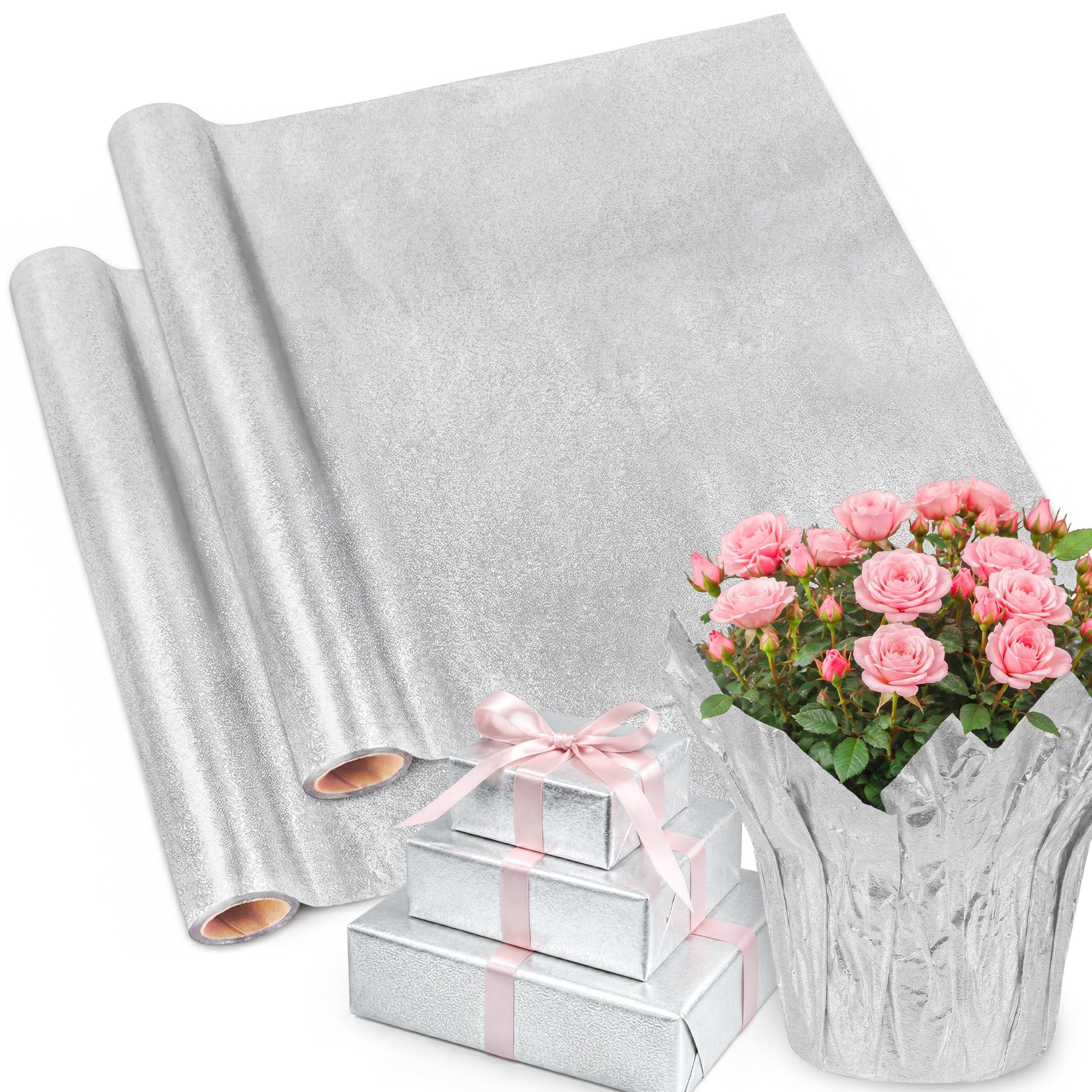 UCandy 2 Roll 5.5 Yard Plant Pot Floral Foil, Matte Silver Texture Floral Foil Christmas Plant Pot Covers, Silver Florals Foils Wrapping Paper for Garden Pots Vases DIY Decoration