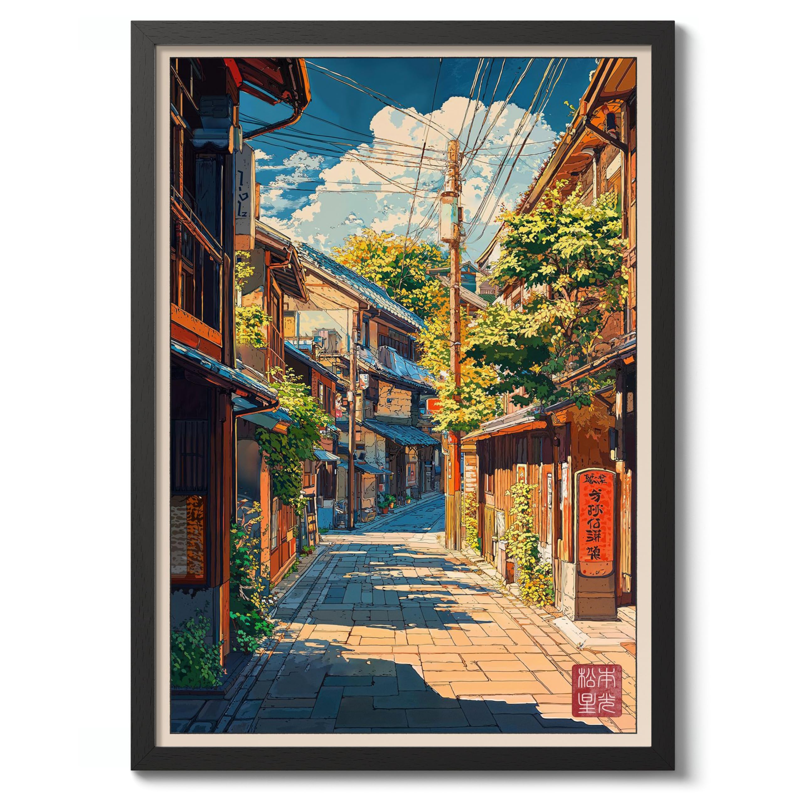 Shitamachi Old Town Anime Woodblock Poster Print, Cartoon Manga Edo Aesthetic Wall Art Japanese Wall Art Bedroom Home Decor, A2 (Black Frame) - 62.5x45.1cm — image 1