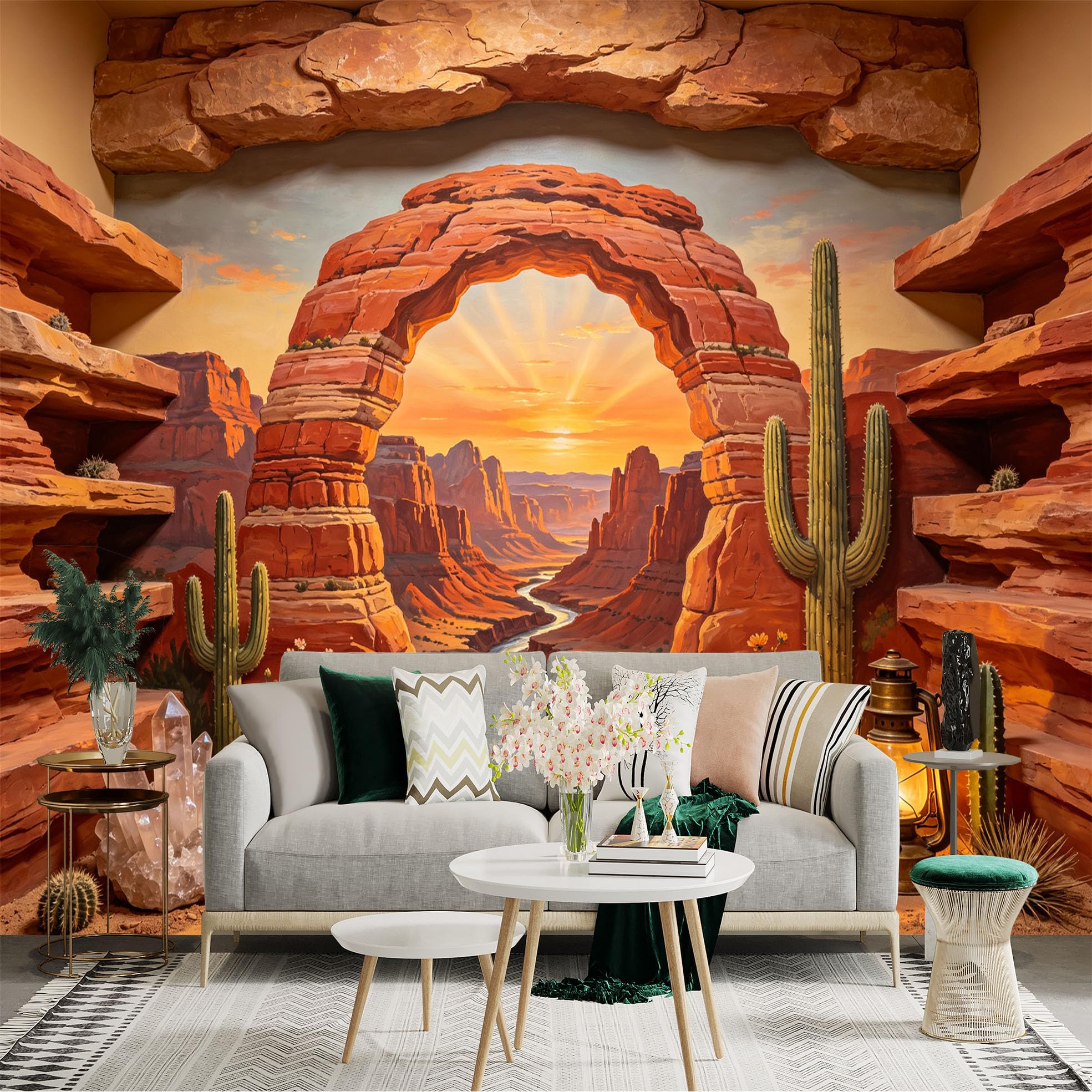 Custom Size Wall Sticker Mural， Desert Canyon Sunset with Rock Arch， Cactus and River Landscape， for wall Decoration， peelandstick wall Decals.