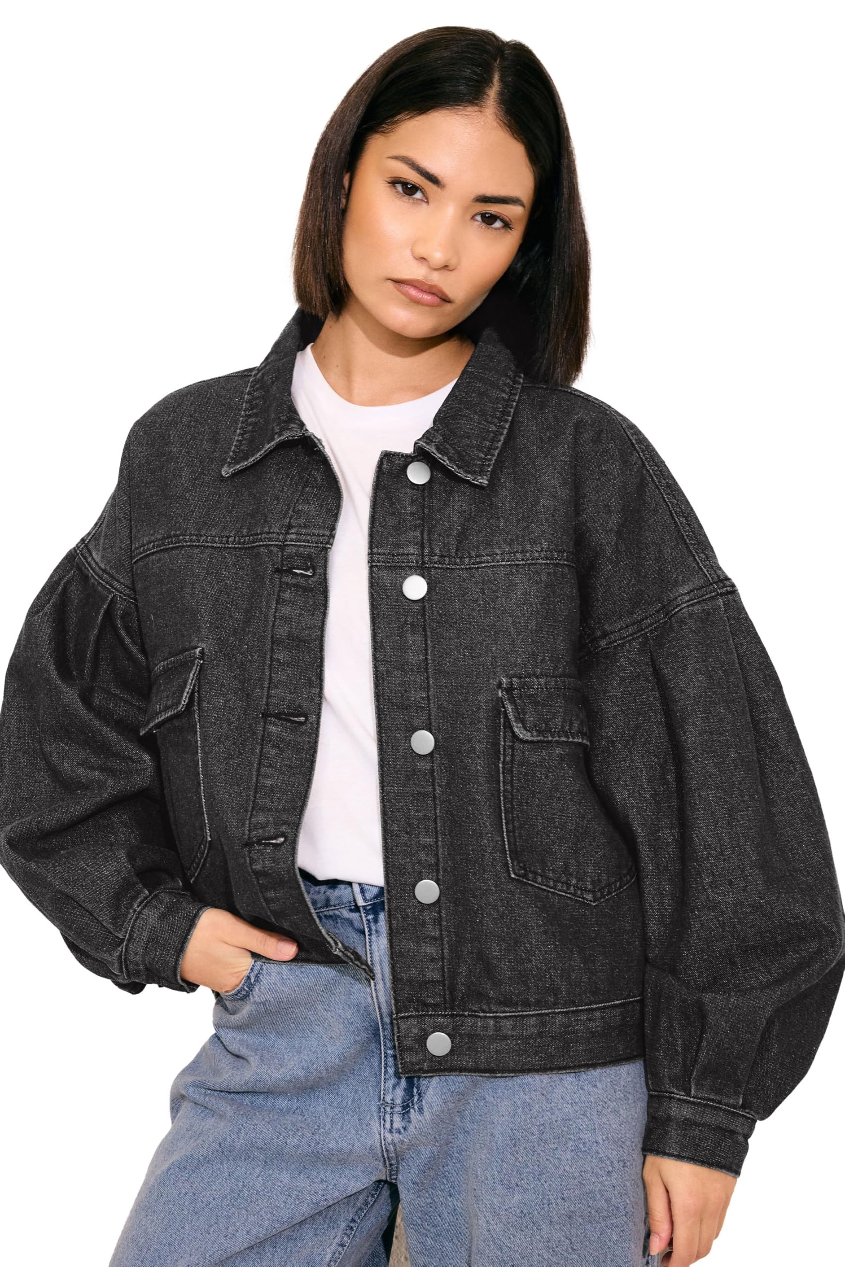 Pixiegirl Women's Black Petite Denim Balloon Sleeve Jacket Size 10