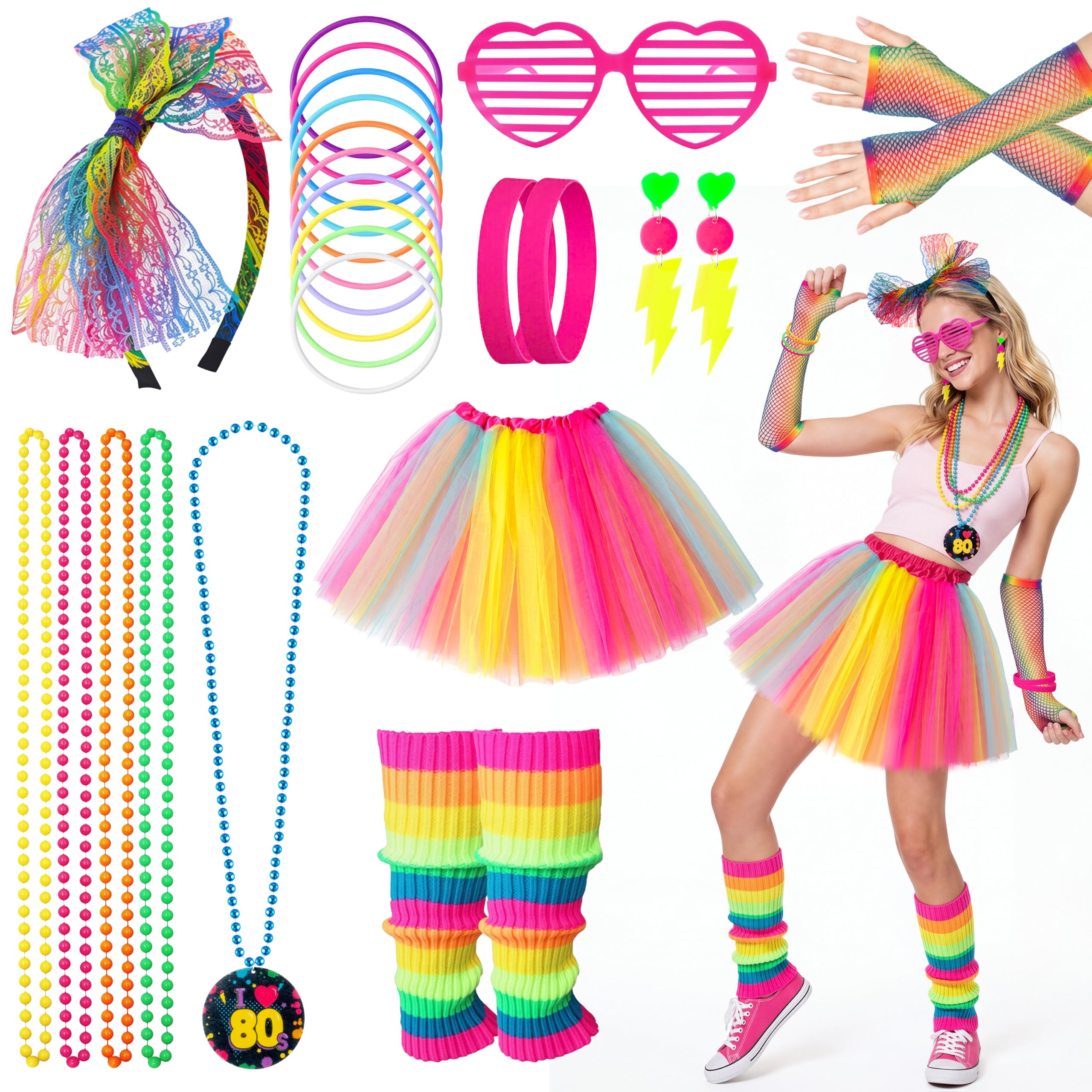 YINGENIVA 80s Fancy Dress for Women - 1980s Costume Accessories Set with Rainbow Tutu Skirt, Neon Glasses, Leg Warmers, Arm Warmers, Bead Necklaces and Headband for Themed Party, Disco, Hen Night