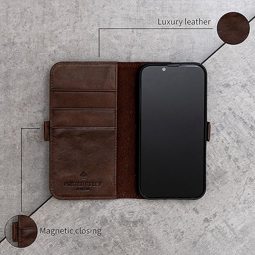 Miniatura 3 de Porter Riley - Funda de cuero para iPhone 15 Pro Max. Funda de cuero genuino premium con ranuras para tarjetas y soporte horizontal (marrón