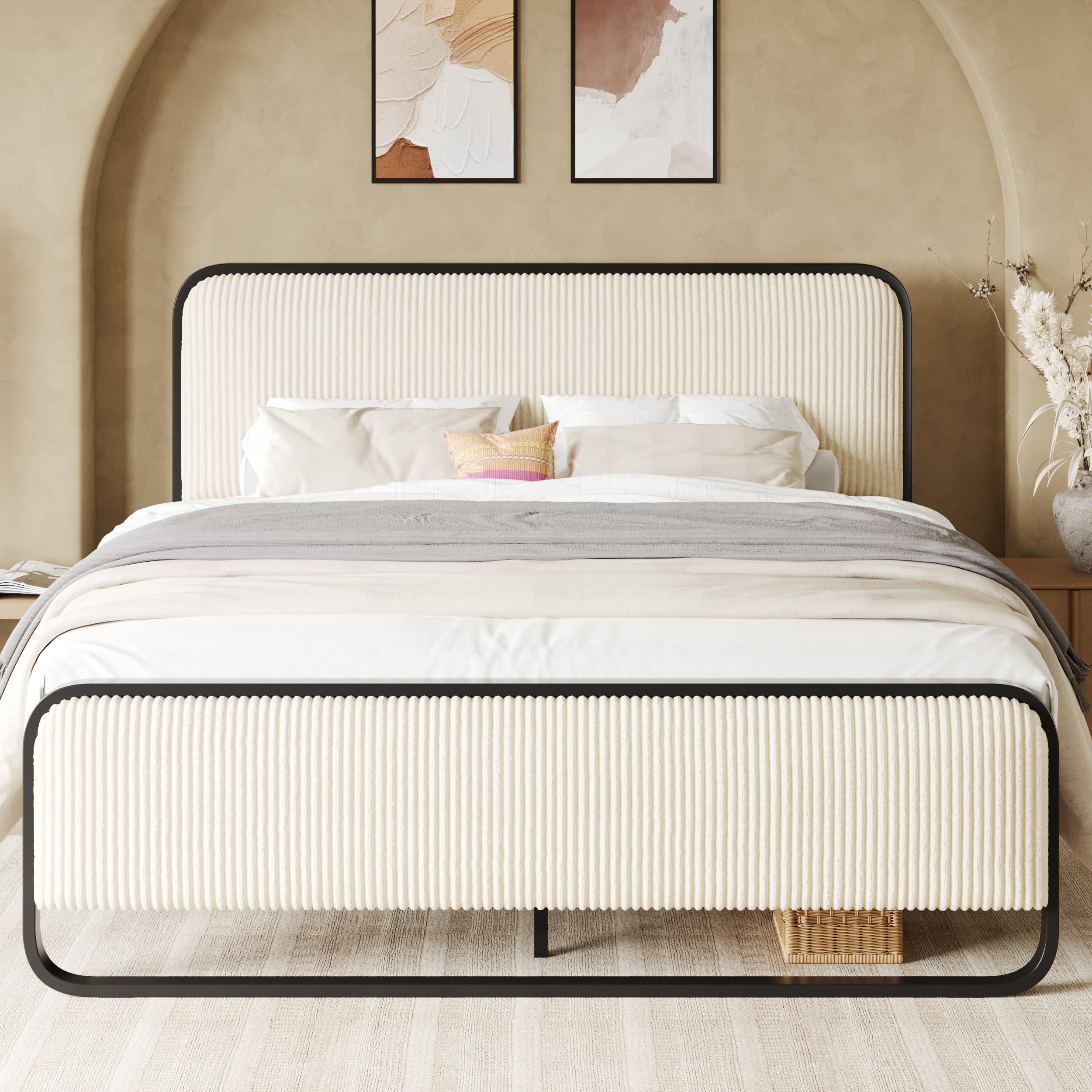 Allewie Queen Size Metal Bed Frame with Curved Corduroy Upholstered Headboard and Footboard, Platform Bed Frame with 12.4" Under Bed Storage, No Box