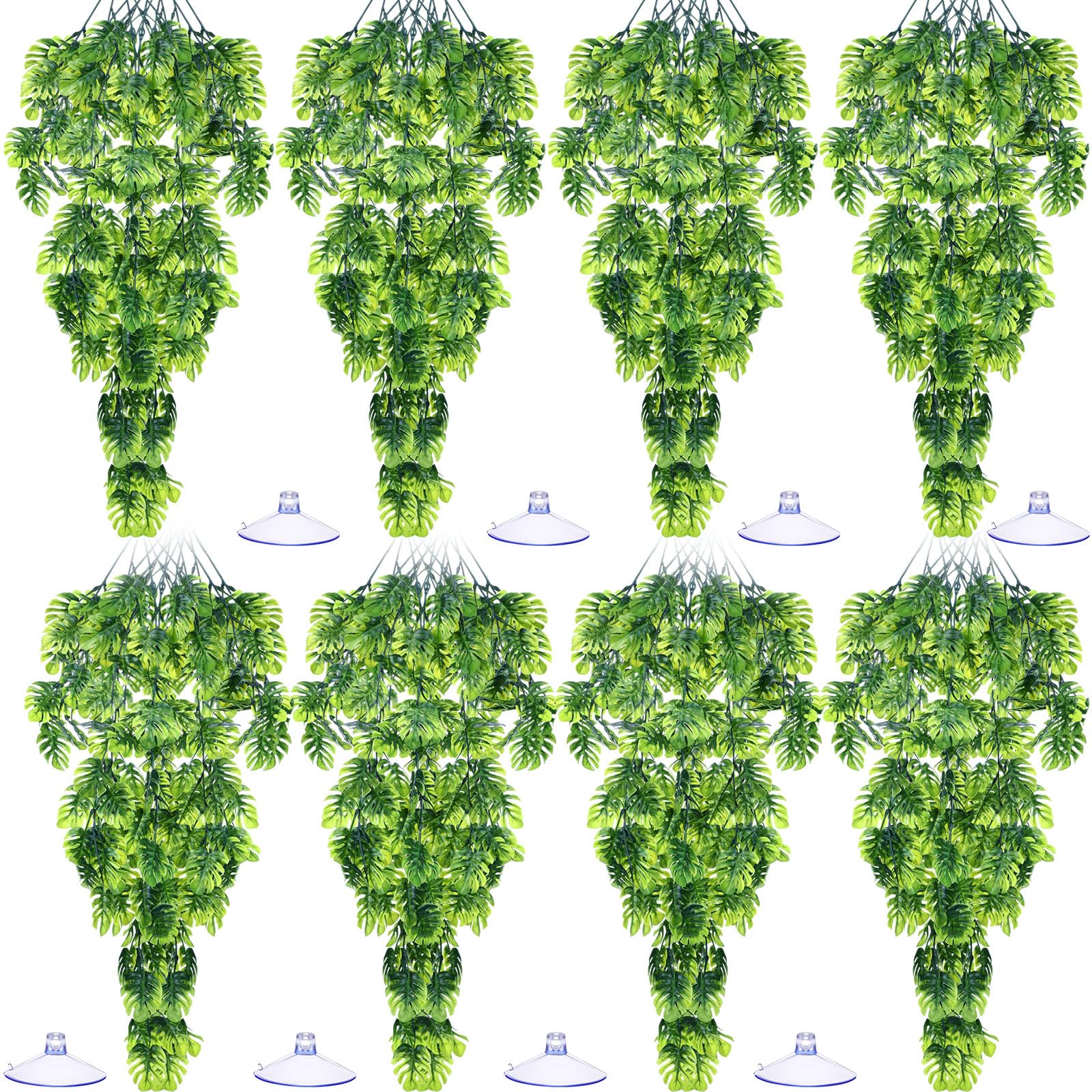 Suncalla 8 Pack Reptile Plants Terrarium Hanging Plant Vine Boston Climbing Terrarium Plant with Suction Cup for Bearded Dragons Lizard Crested Gecko Snake Crab Tank(Popular Series,Green)
