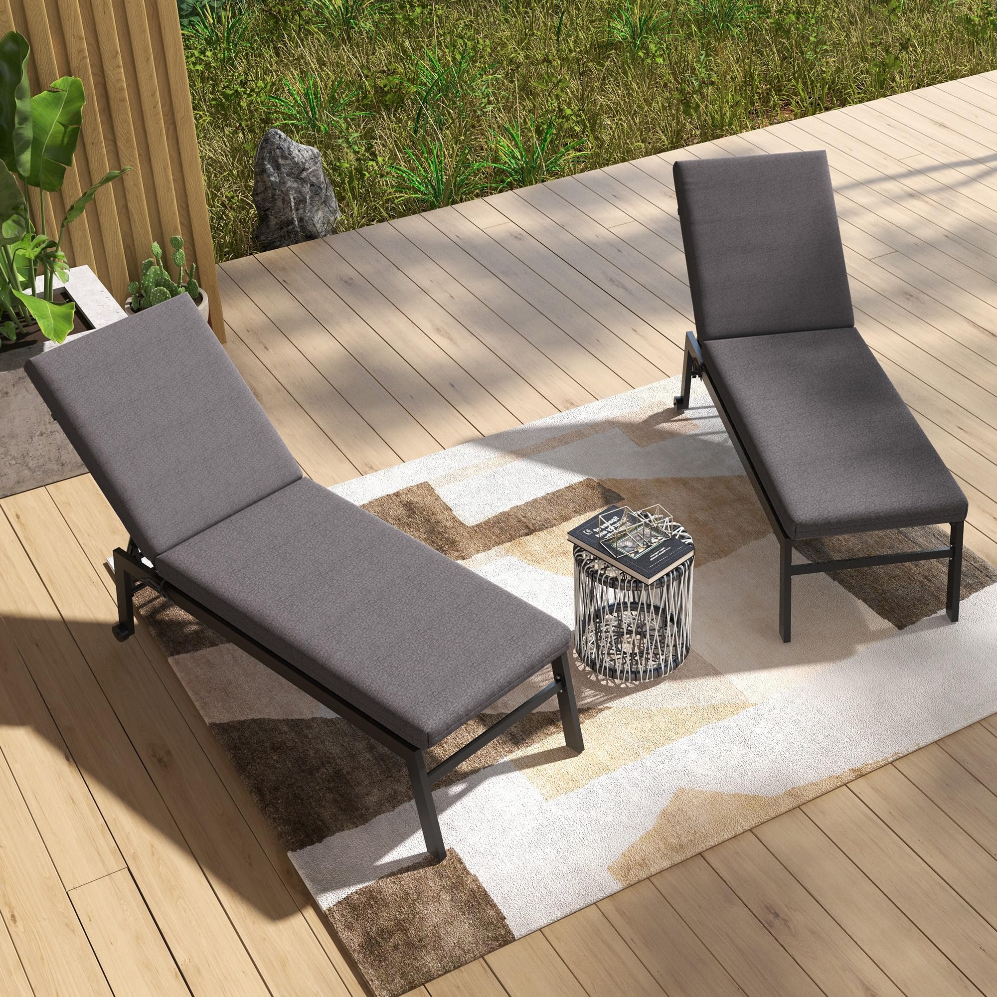 Outsunny Set 2 Cuscini per Sedie da Esterno con Lacci di Fissaggio, Cuscini da Esterno Imbottito in Cotone, per Sdraio Prendisole Giardino, 190.5x58.4x7 cm, UV50+, Grigio