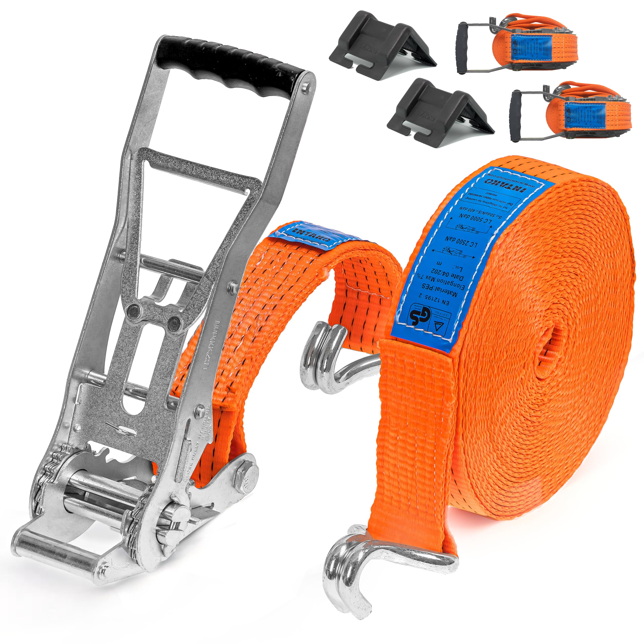 INTAKO Cinta de Trincaje con Tensor Ratchet Ergonómico - 50mm 5000KG 8M - Sistema de Amarre Completo para Camión - 2 Piezas de Cinchas de Amarre y 2 Protectores de Bordes (10m)