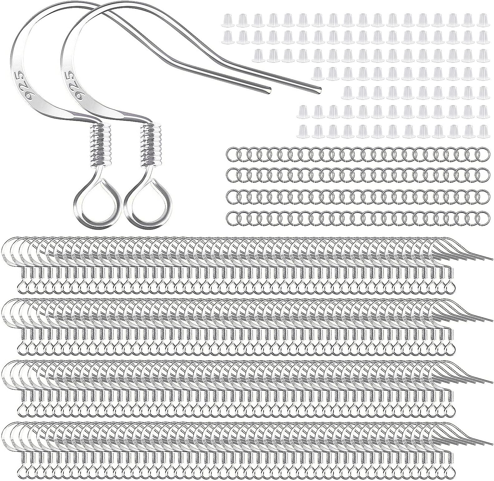 200 PCS/100 Pairs Earring Hooks 925 Sterling Silver Plated Hypoallergenic White Gold Tone Ear Wires Fish Hooks with 100 PCS Silicone Earring Backs and Jump Rings Earring Finding for DIY Jewelry Making
