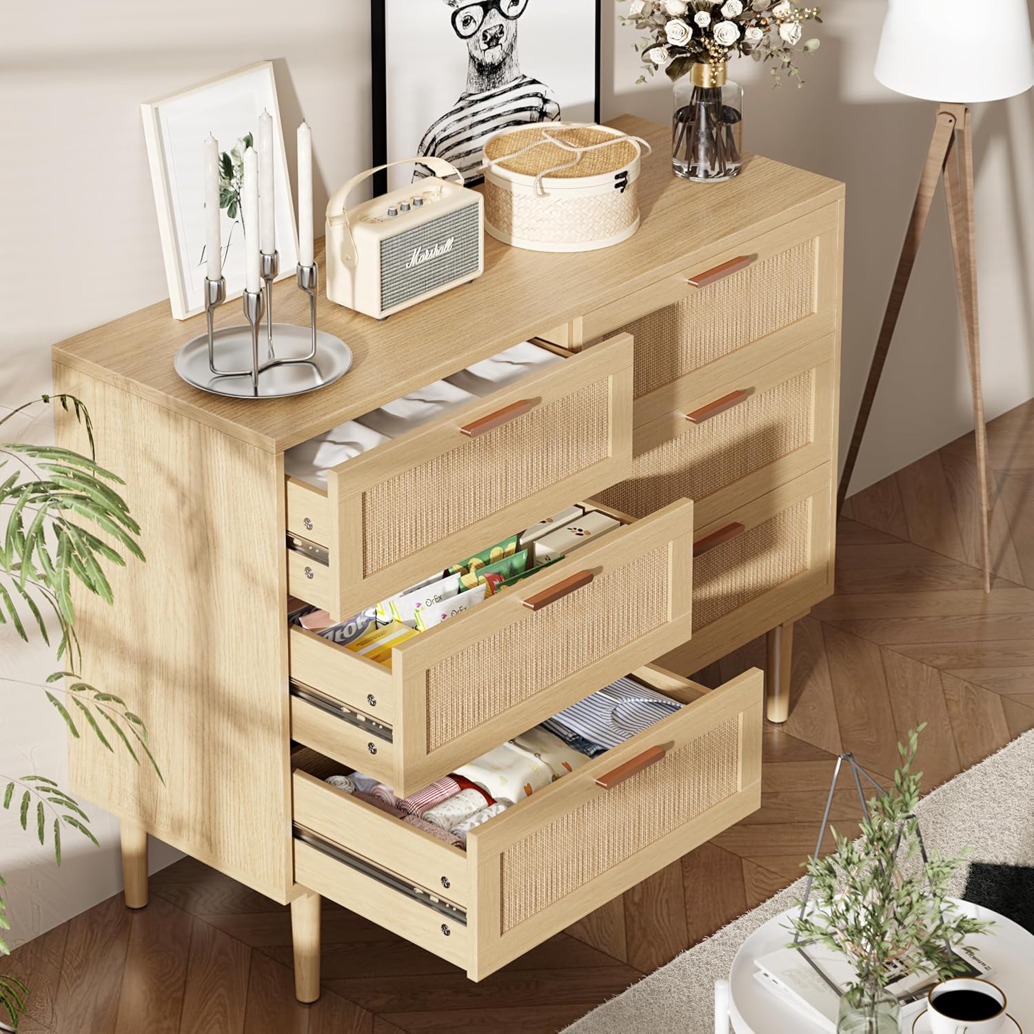 Greenvelly Rattan Dresser, 6 Drawer Double Dressers for Bedroom, Boho Wooden Dressers with Handles for Bedroom, Chest Light Brown Dresser for Bedroom, Closet, Living Room, Hallway and Entryway