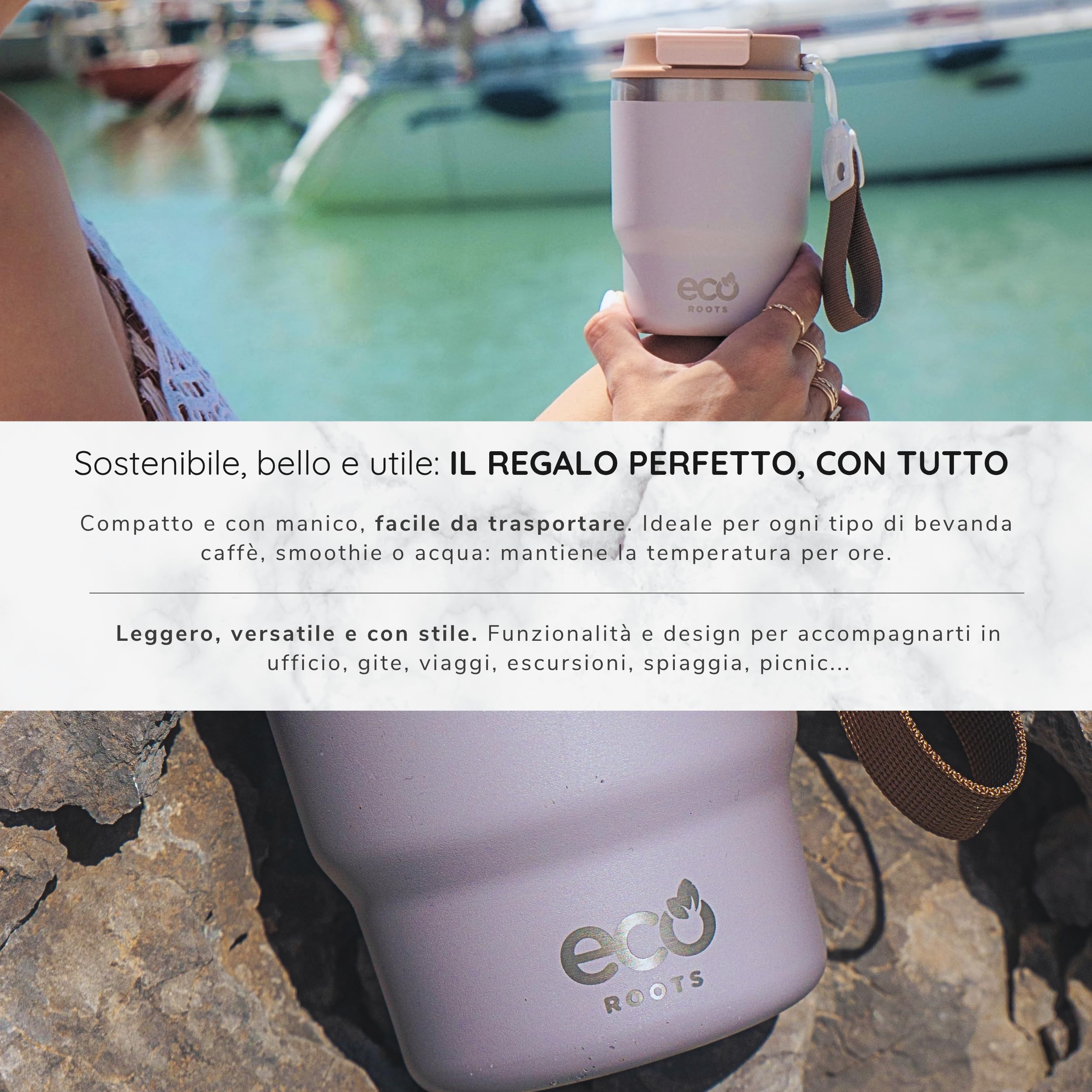 ECOROOTS Everegreen - Thermos Caffè 360 ml | Tazza Termica Antigoccia | Senza BPA | Bicchiere Termico per Caffè | Acciaio Inox | Travel Mug Bevande Calde e Fredde | Tazza da Asporto (LILLA LAVANDA)