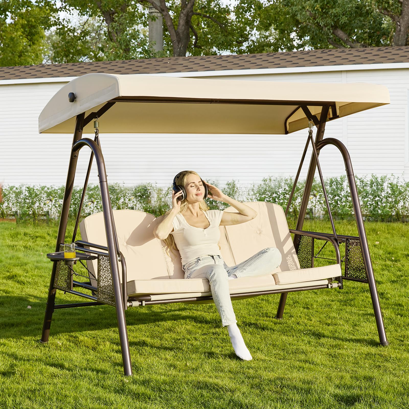 Upgraded 3 Seat Porch Swing with Canopy, 180° Recline 3 in 1 Heavy Duty Outdoor Patio Swing with Stand, Waterproof Cushions & Cup Holders(Round Tube, Khaki)