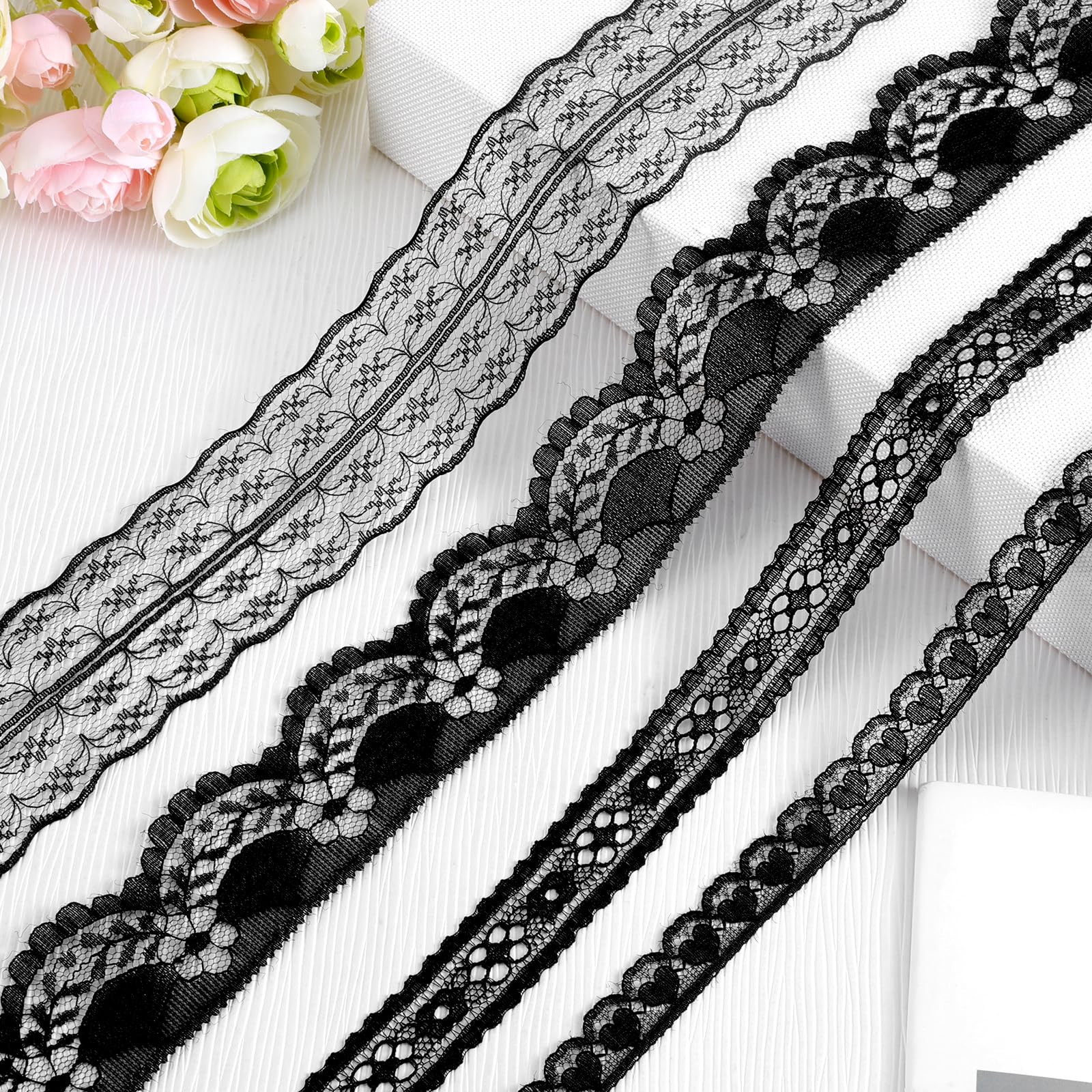 Black Lace Trim for Sewing 20 Yards Black Ribbon Flower Elastic Vintage Embroidered Crochet Sewing Edge for Wedding Decoration Bouquet Gift Packaging Crafts DIY (0.59/0.78/1.57/1.77 Inch Wide)