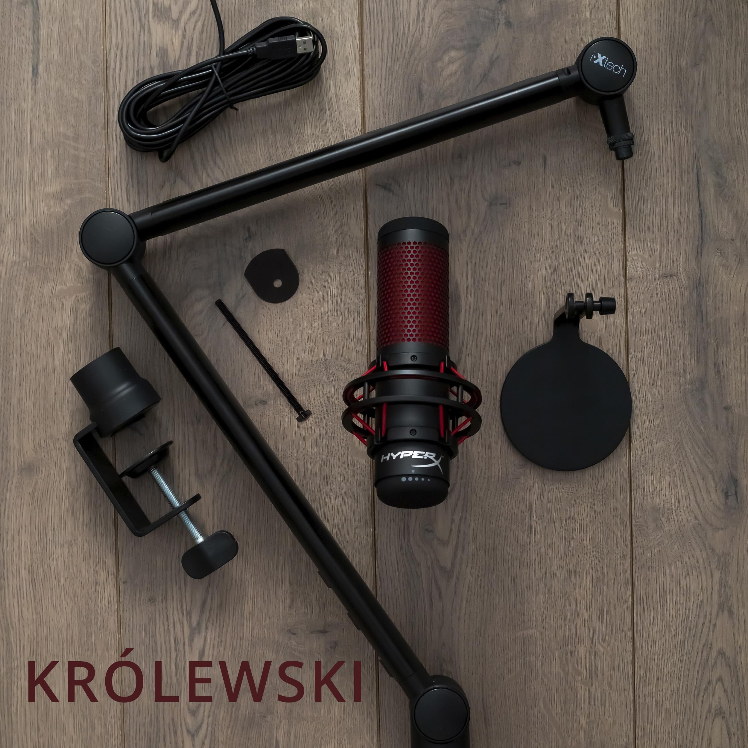 IXTECH Ramię wysięgnika mikrofonowego z uchwytem na biurko, obracane o 360°, regulowane i składane mocowanie nożycowe do podcastów, gier wideo, radia i studia audio, solidne i uniwersalne, elegancki
