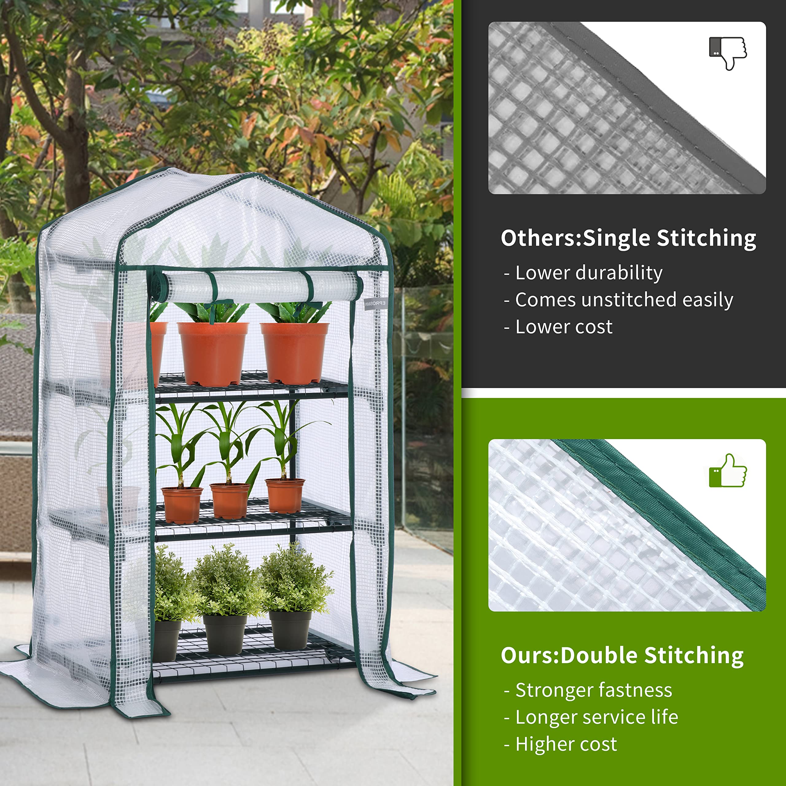 EPROSMIN Mini serre avec 3 étagères, housse en plastique PE imperméable, double porte à fermeture éclair, cadre en acier robuste pour jardin et extérieur - Dimensions (H x l x P) : 125 x 69 x 49 cm