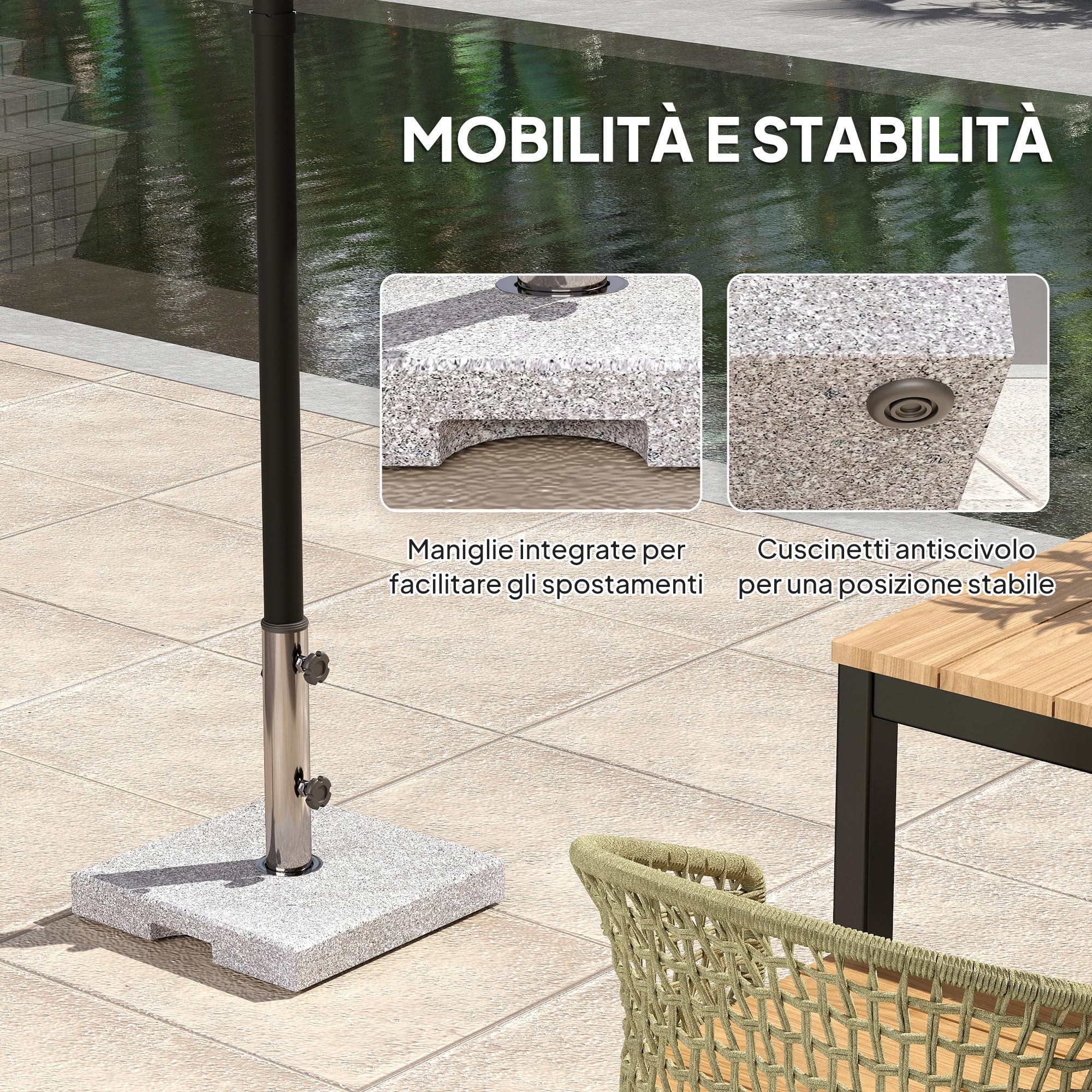 Outsunny Base per Ombrellone in Granito da 21 kg, Base Quadrata per Ombrelloni da Esterno con Maniglie e 2 Manopole Regolabili, Ideale per Giardino, Patio, Bordo Piscina, Grigio