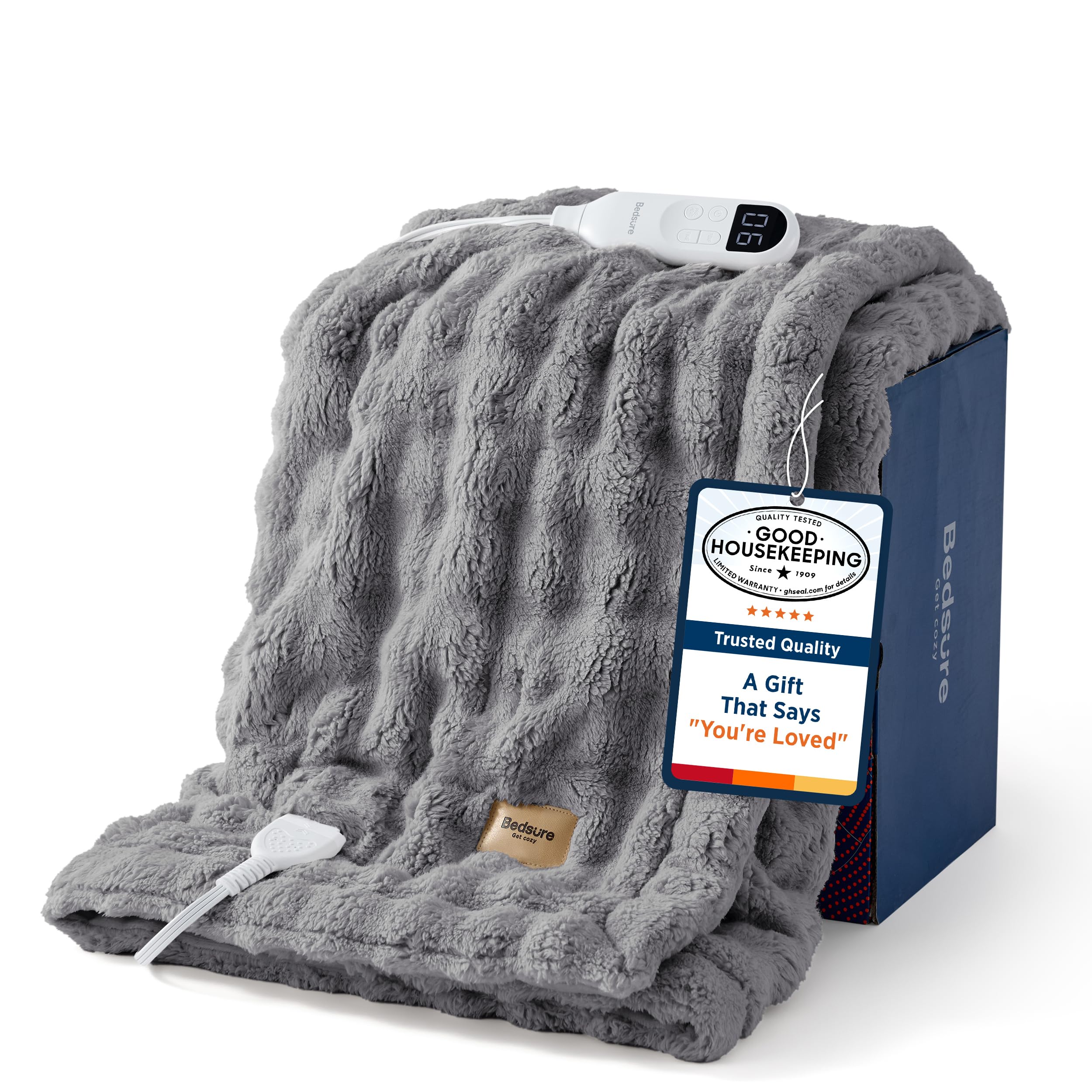 Bedsure Cloud Bubble Grey Heated Blanket Throw, Soft Cozy Electric Blanket