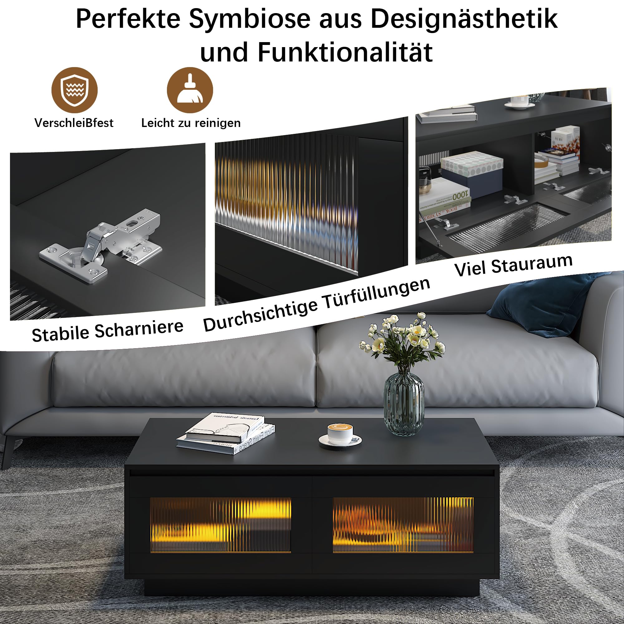 KEEPREAPER Couchtisch Wohnzimmertisch mit LED Beleuchtung, Sofatisch mit 2 Ablagefächern für Wohnzimmer, 108x50x40cm (Schwarz)