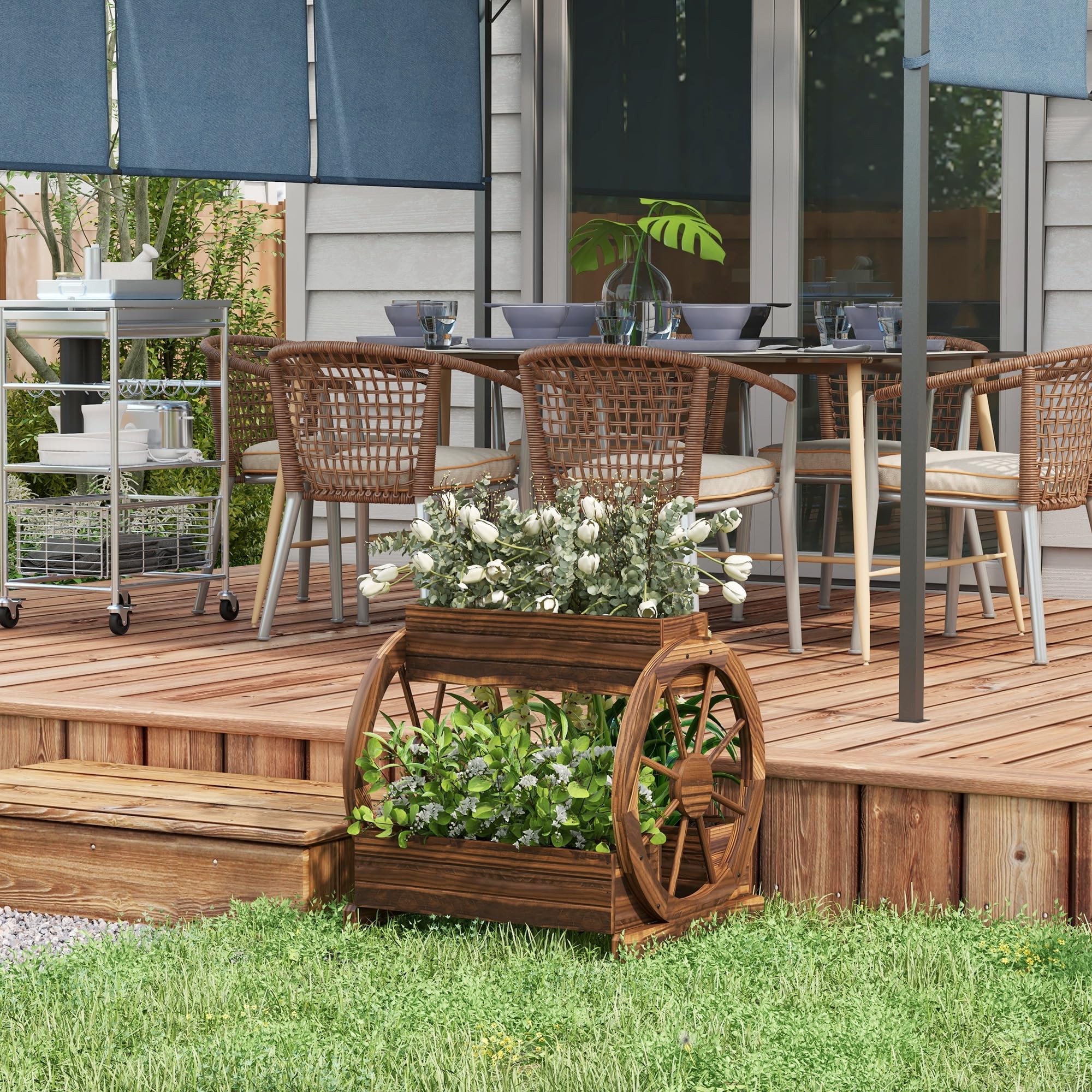 Outsunny Orto Rialzato da Esterno 2 Livelli 3 Vasi Ruote 64x54x60 cm | In Legno, Stile Country, per Fiori Erbe Aromatiche Verdure, Giardino Balcone e Terrazza